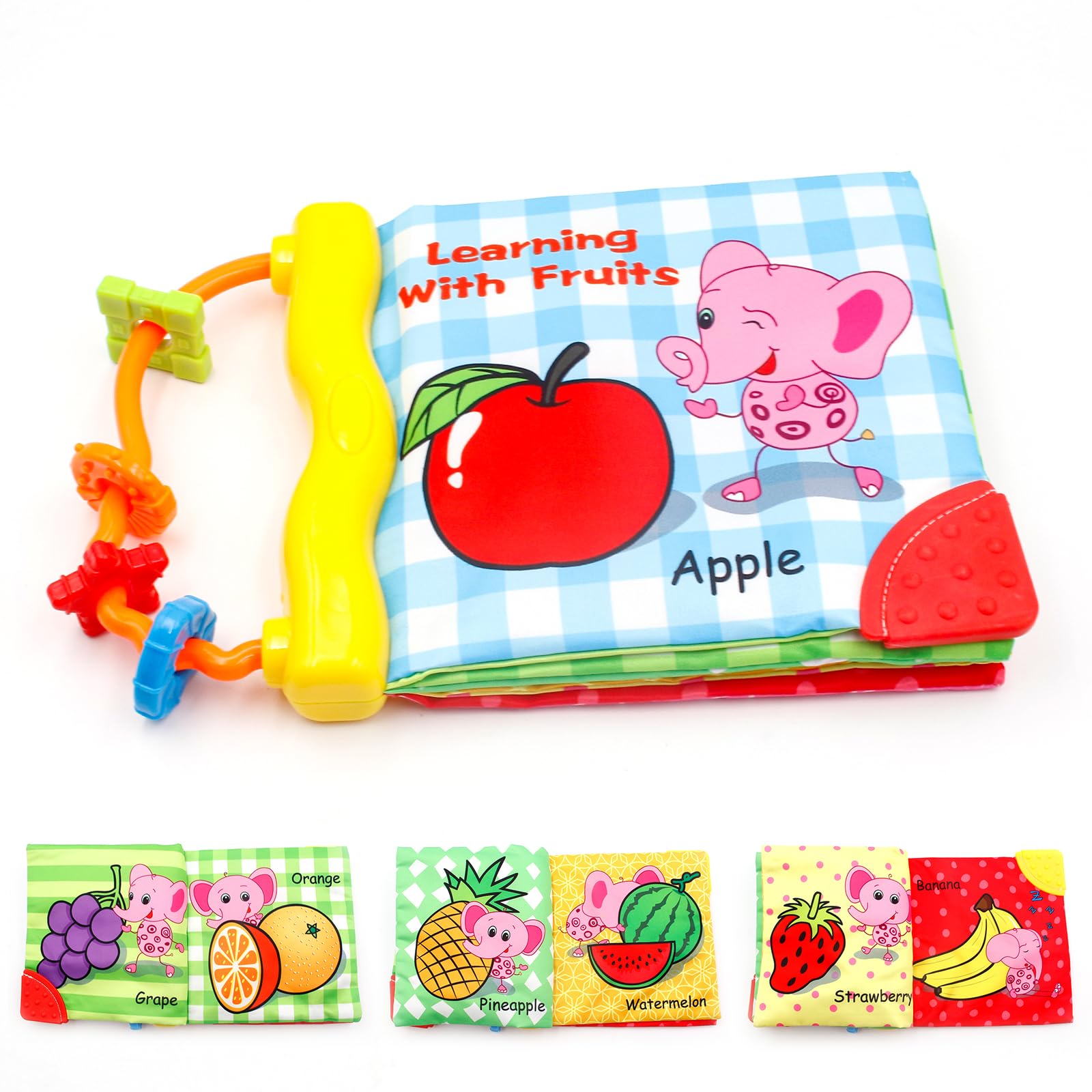 Soft Baby Books 0-6 Months, Toddler Sensory Book, Learning Fruits with Rattles, Baby Travel Toys for Car Seats and Strollers Boys and Girls Plus Touch and Feel Baby Gifts.
