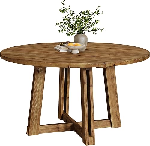 Miniatura 8 de Mesa de comedor de madera maciza de 47 pulgadas para 4-6, mesa de cocina redonda con patas de madera, muebles de cocina y comedor, color marrón