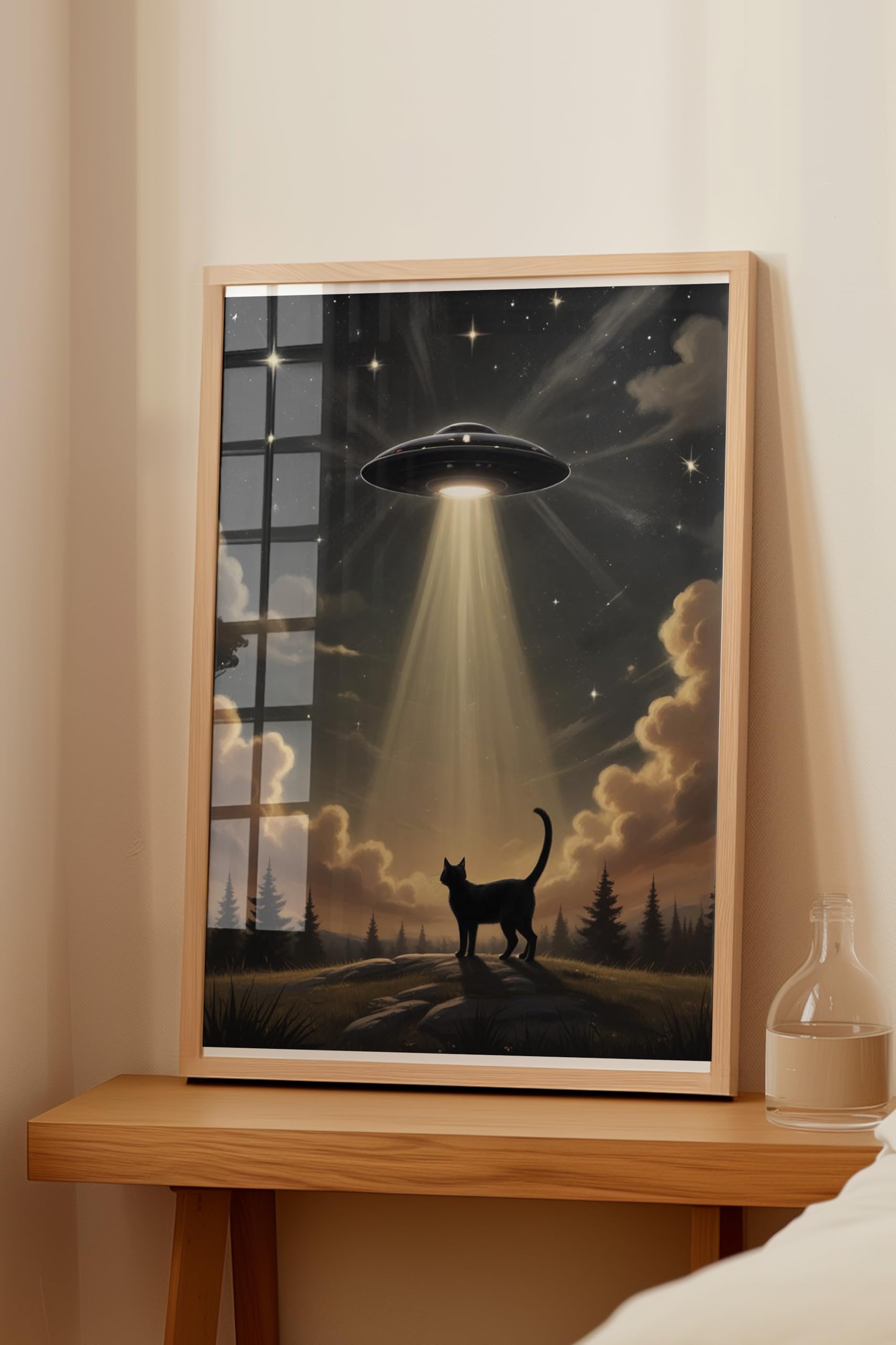 Zestia Ahşap Çerçeveli Tablo, Kedi ve UFO, Işık Hüzmesiyle Kaçırılma Teması Poster No: 107534 50 x 70