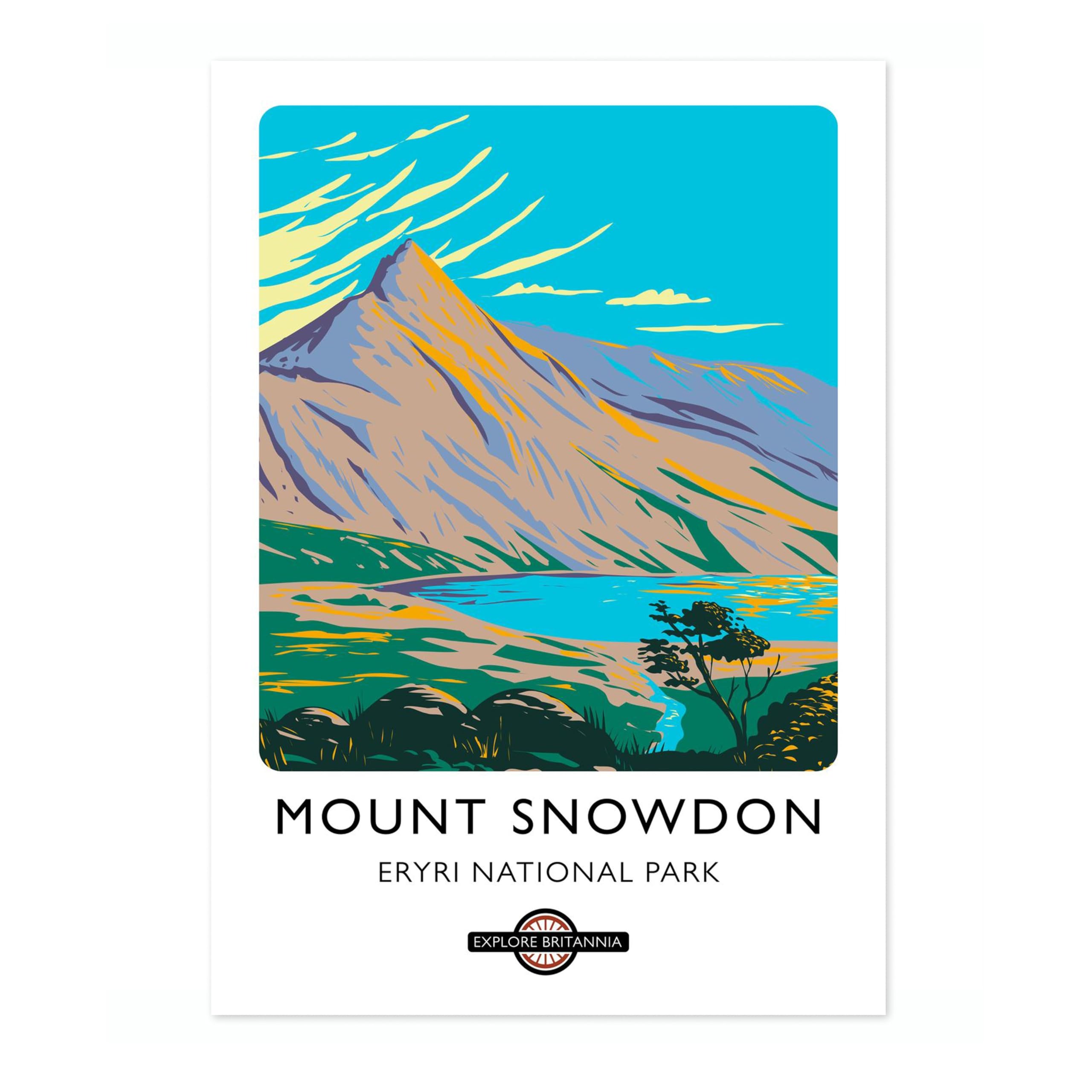 Mount Snowdon, Eryri (Snowdonia) National Park England Travel Poster, Explore Britain Modern Illustration Destination Print, Modern British UK Living Room Decor, A4 (Print Only) - 29.7x21cm — image 1