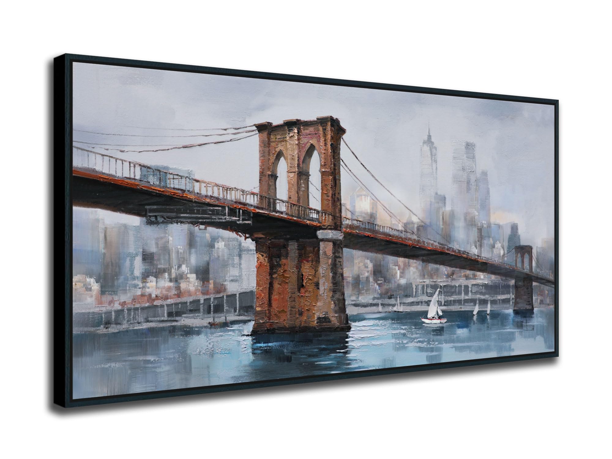 Ardemy Brooklyn Bridge Wall Art Canvas Cityscape Abstract Skyline New York City Painting, Modern NYC Picture for Bedroom Living Room Mens Home Office Wall Decor, Large Size Black Framed 48"x24"