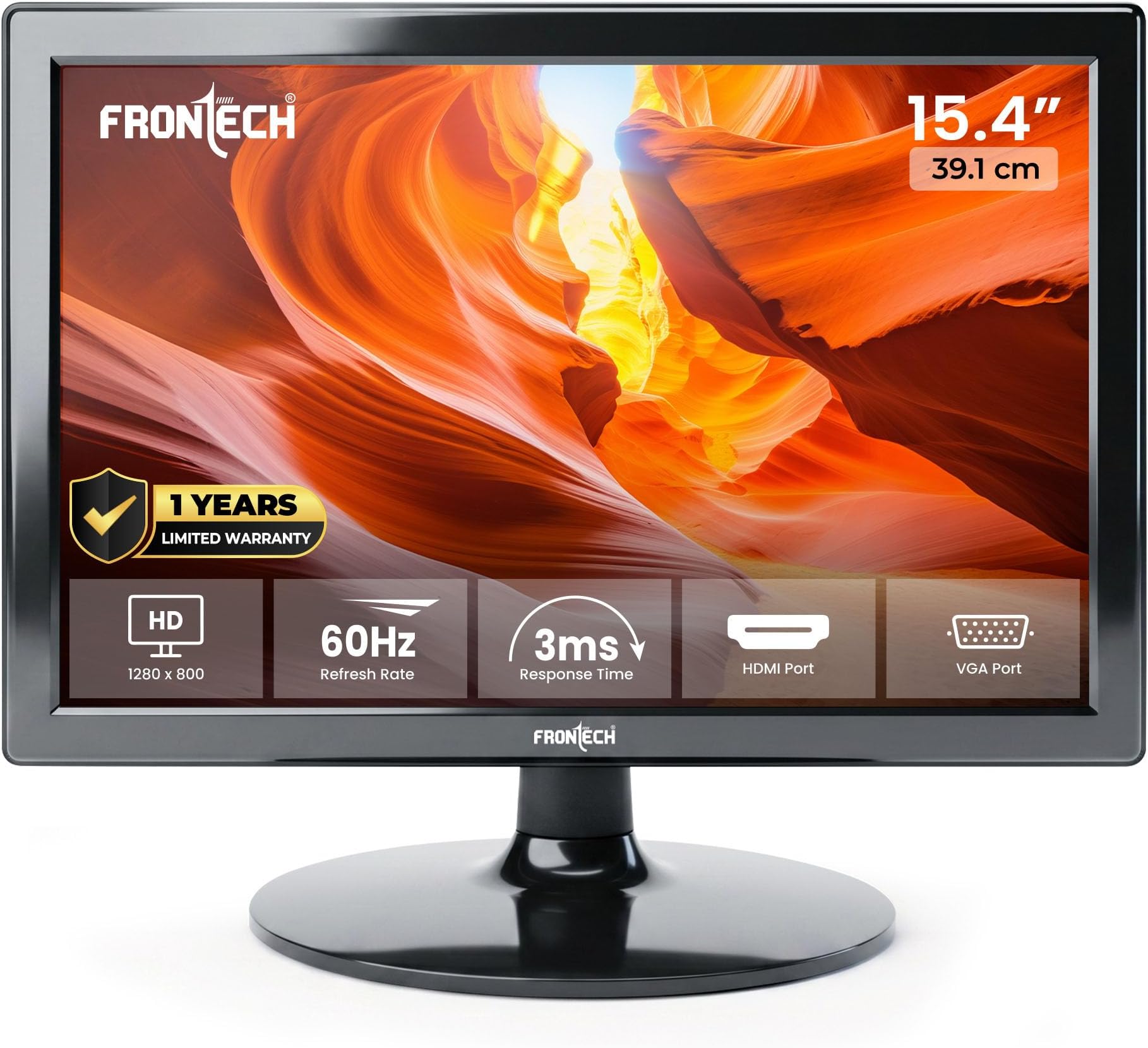 FRONTECH 15.4 Inch HD LED Monitor | Refresh Rate 60 Hz,1280 x 800 Pixels | Wall Mountable Slim Stylish Design with 16.7M Colors | HDMI & VGA Ports, Built-in Power Supply (MON-0068,Black)