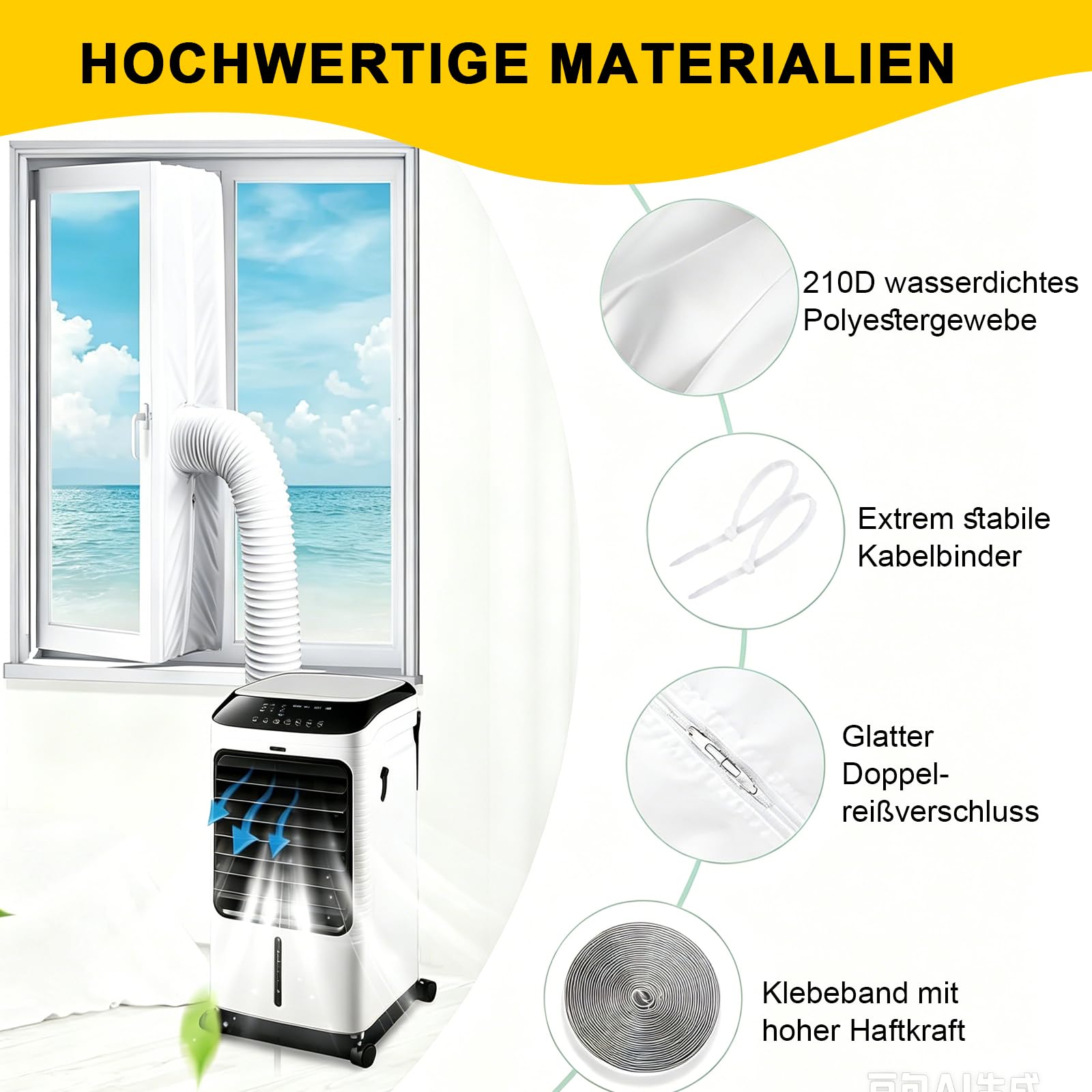 TEOV Klimaanlage Fensterabdichtung, 400cm Fensterabdichtung für Mobile Klimageräte mit Wasserdichte Abluftschlauch Set ohne Bohren, doppelte Öffnung, Hot Air Stop für Flügelfenster Ablufttrockner usw