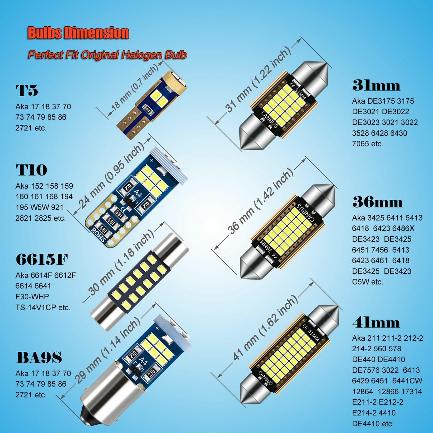 Car Interior Bulb Kit Dome Map Trunk License plate Light 44-Pack | 12V White LED Bulb Ba9s T5 T10 28mm 31mm 36mm 41mm Fuse Type Festoon Size Vanity Mirror Footwell Cargo etc. Replacement