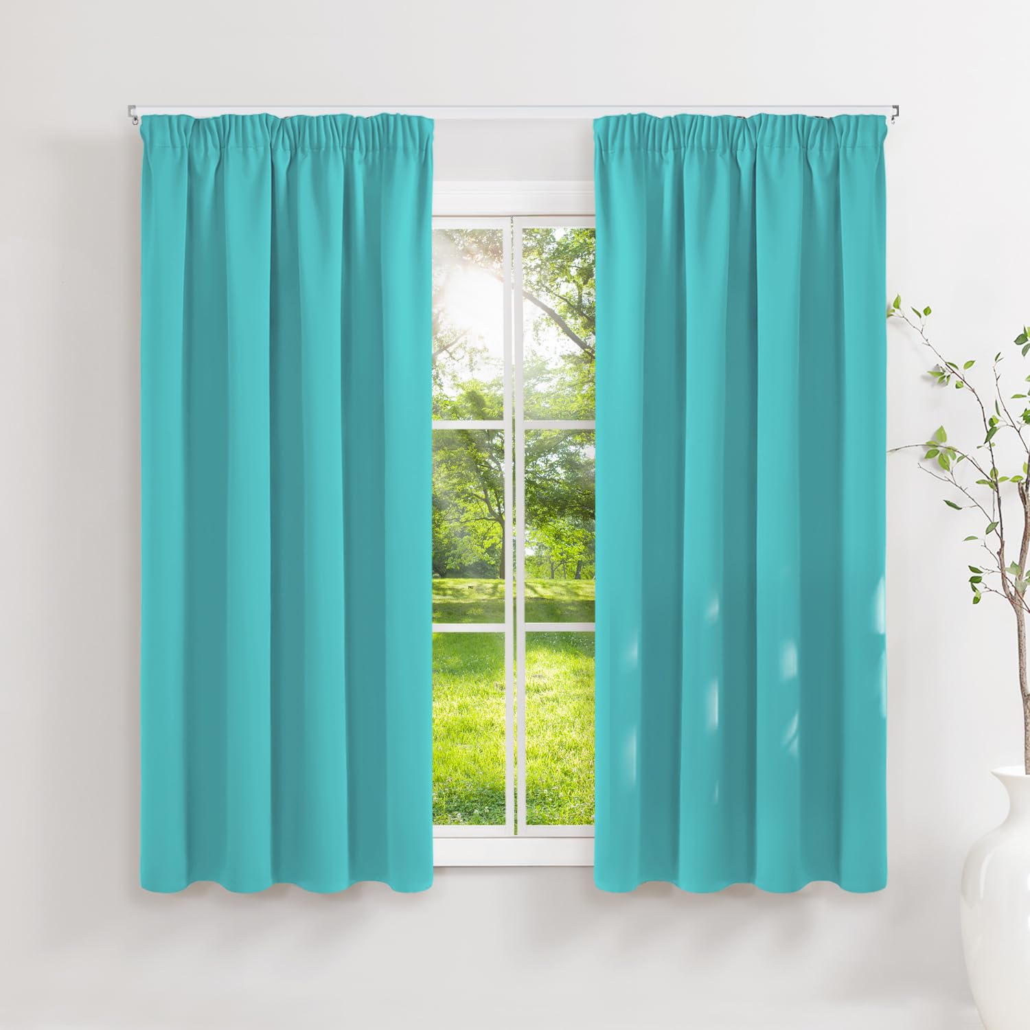 Runyéla Pencil Pleat Blackout Curtains for Bedroom Thermal Curtain 46 x 54 Inch Drop Kitchen Living Room 2 Panels Turquoise
