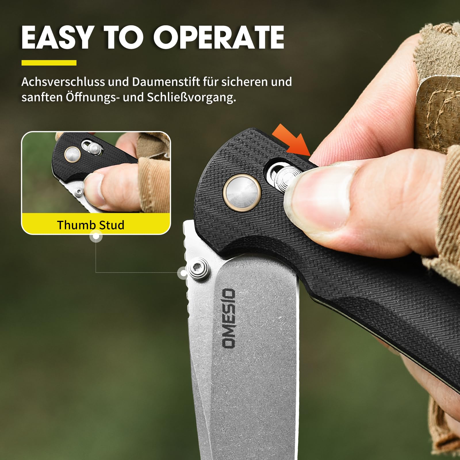 Omesio Couteau pliant M-LB21 Tanto, lame en acier 14C28N, manche en G10, conception légère, étui en nylon inclus, longueur de lame 8,4 cm, idéal pour le camping en plein air.