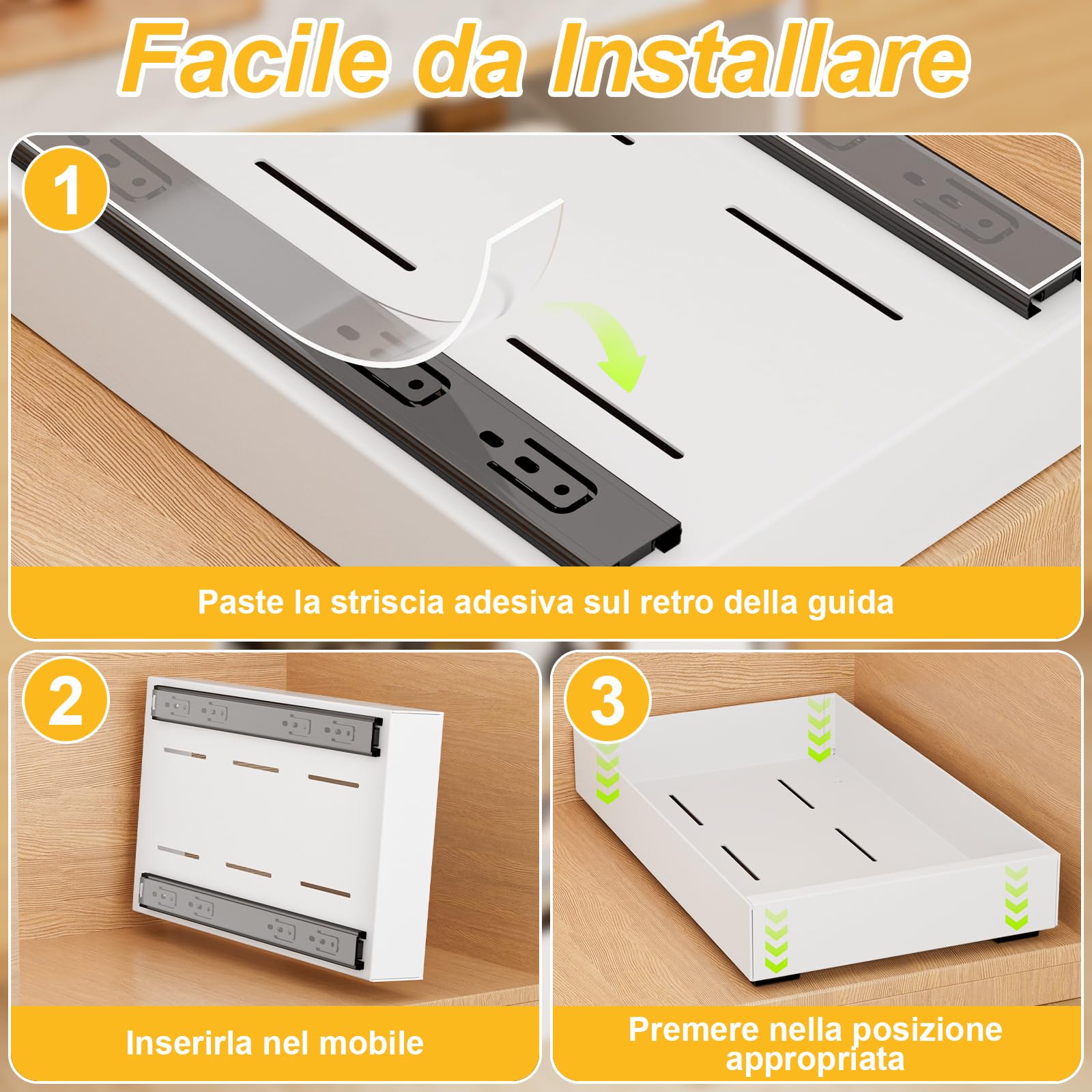 2 Pezzi Cassetto Telescopico Cassetto Estraibile Cucina Ripiani per Cassetti Estraibili per Armadio da Cucina Senza Bisogno di Trapano e Chiodi (25CM L x 43CM P x 7CM)