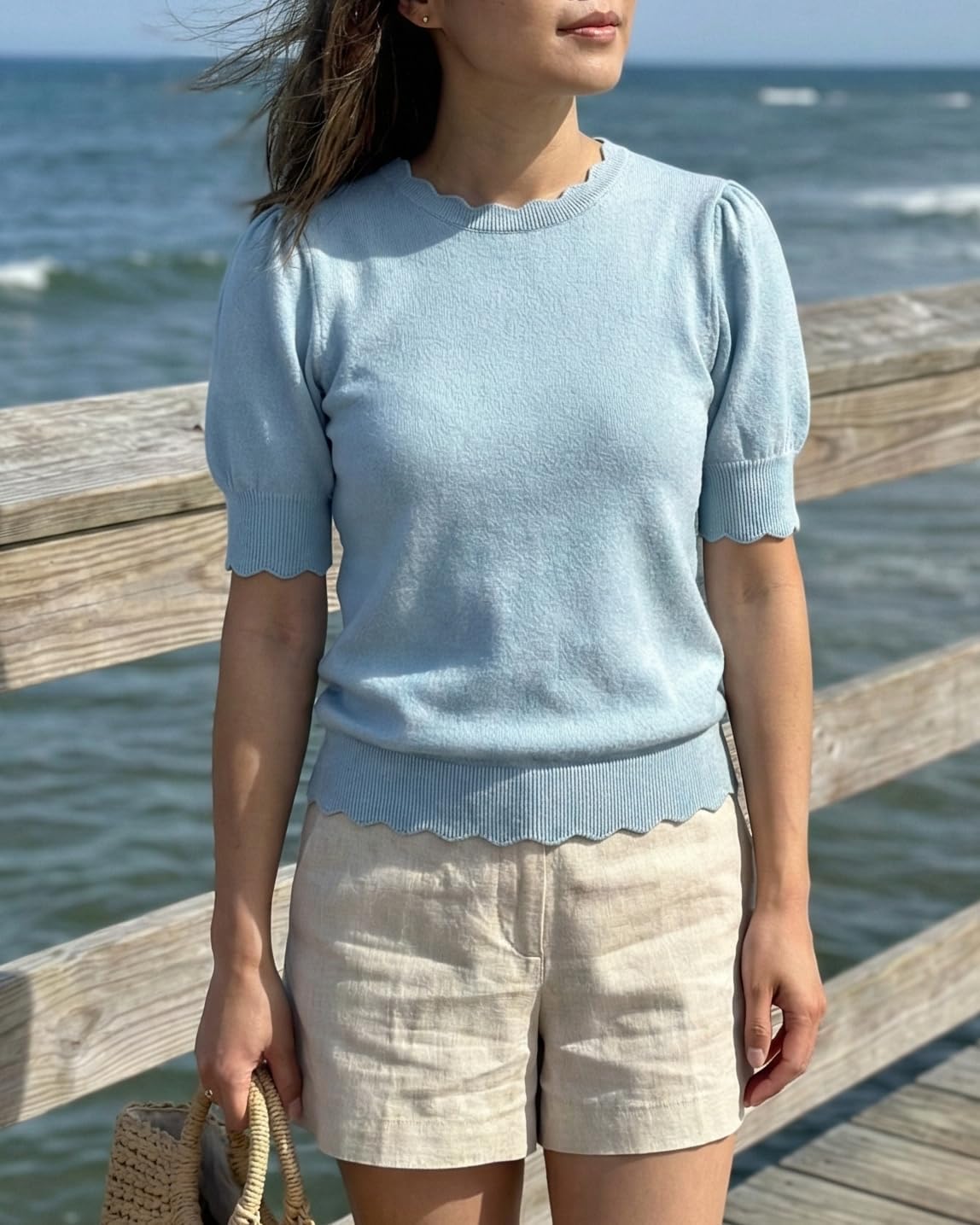 Short Sleeve Sweater for Women Pullover Knit Tops Scalloped Crewneck Puff Sleeve 2026 - Image 2