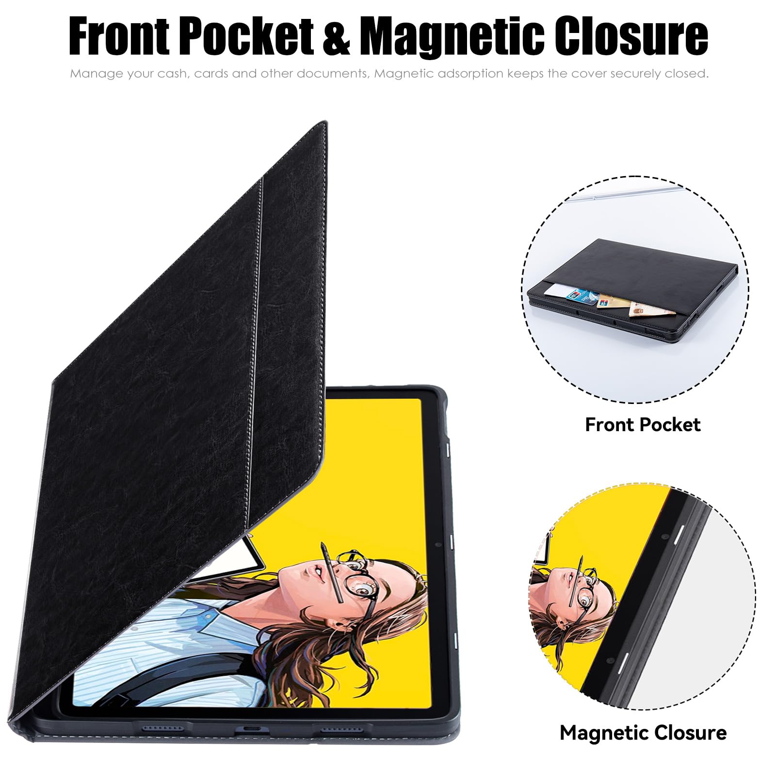 Schutzhülle für Wacom Movinkpad 11 Tablet, mit Stifthalter und Tasche/Handschlaufe, mehrere Betrachtungswinkel, PU-Leder, Schutzhülle für Wacom Movinkpad 11, Schwarz