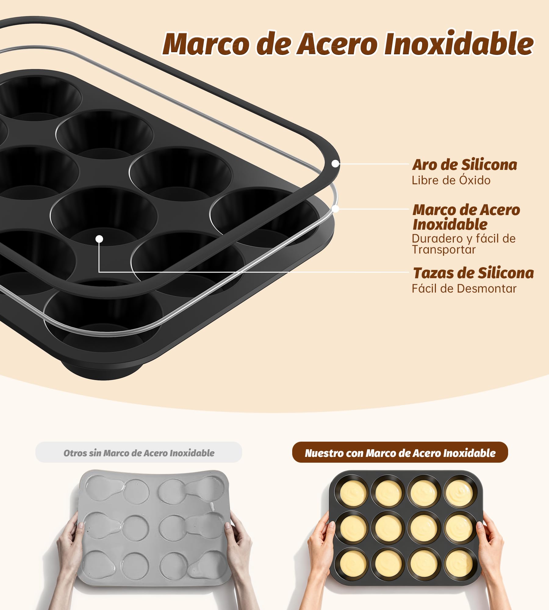Ankway Molde Magdalenas para 12 Magdalenas, Bandejas para Hornear Muffin con marco de metal para Muffins, Cupcake, Brownie, Pudín, Reutilizables Negro