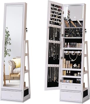 whitebeach 360 Swivel Jewelry Cabinet with Lights, Touch Screen Vanity Mirror, Standing Full Length Mirror with Jewelry Storage, Rotatable Jewelry Armoire Organizer with Drawers, Gift Idea