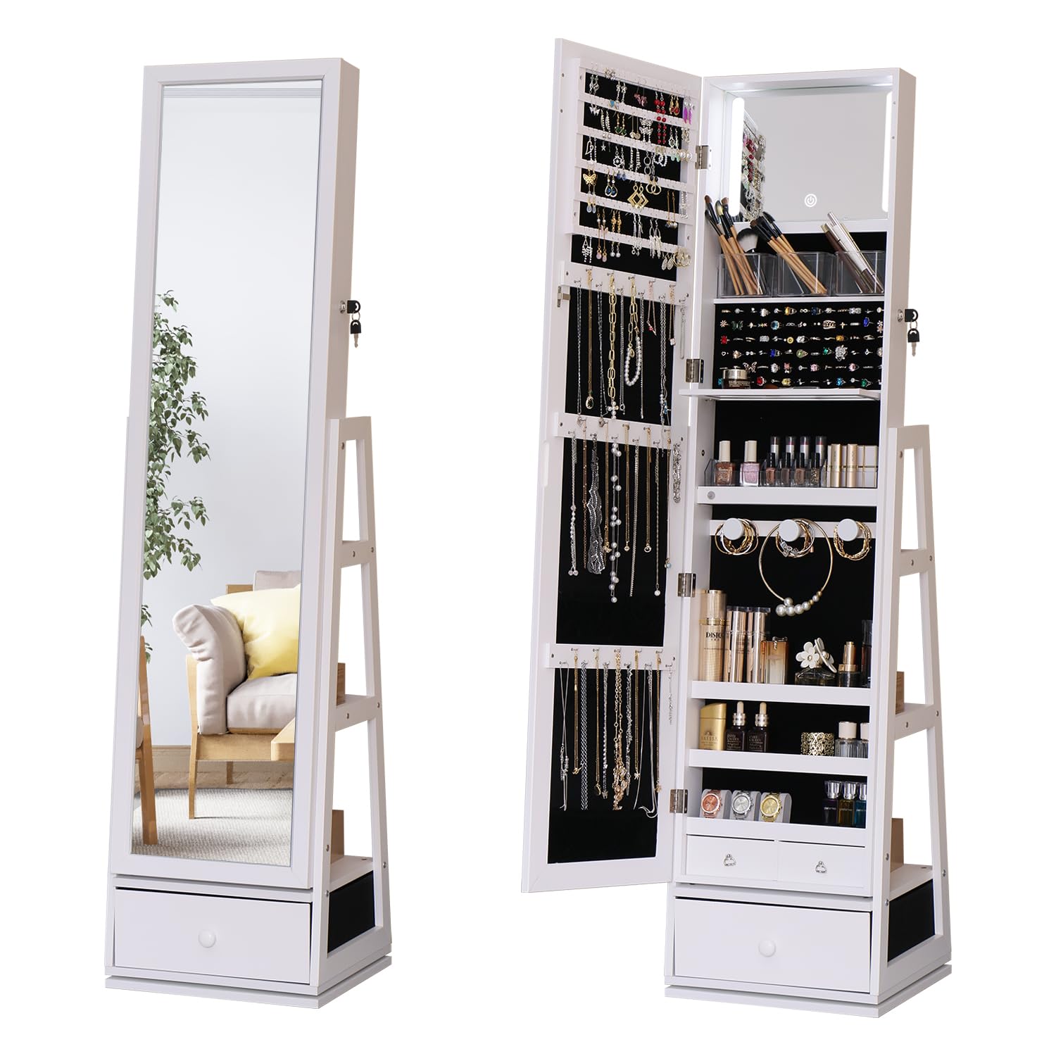 Generic Vintage LED Makeup Organizer with Mirror, Large Cosmetic Storage Box with Drawers & Side Compartments, Dustproof Skincare Organizer for Vanity, Elegant (White)