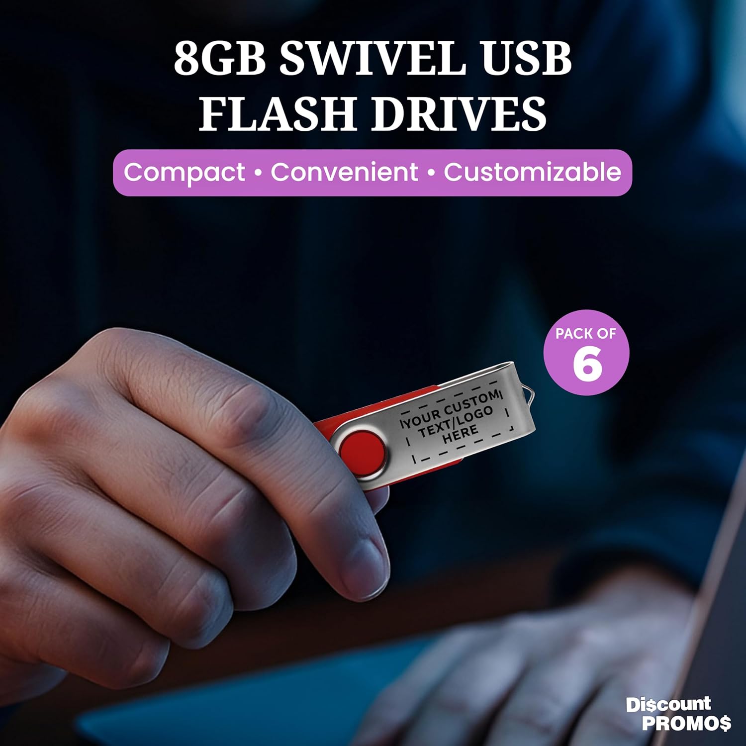 6 Swivel USB Flash Drives Pack, 8GB - Customizable Text, Logo - Pocket Size, Long Data Retention - Red