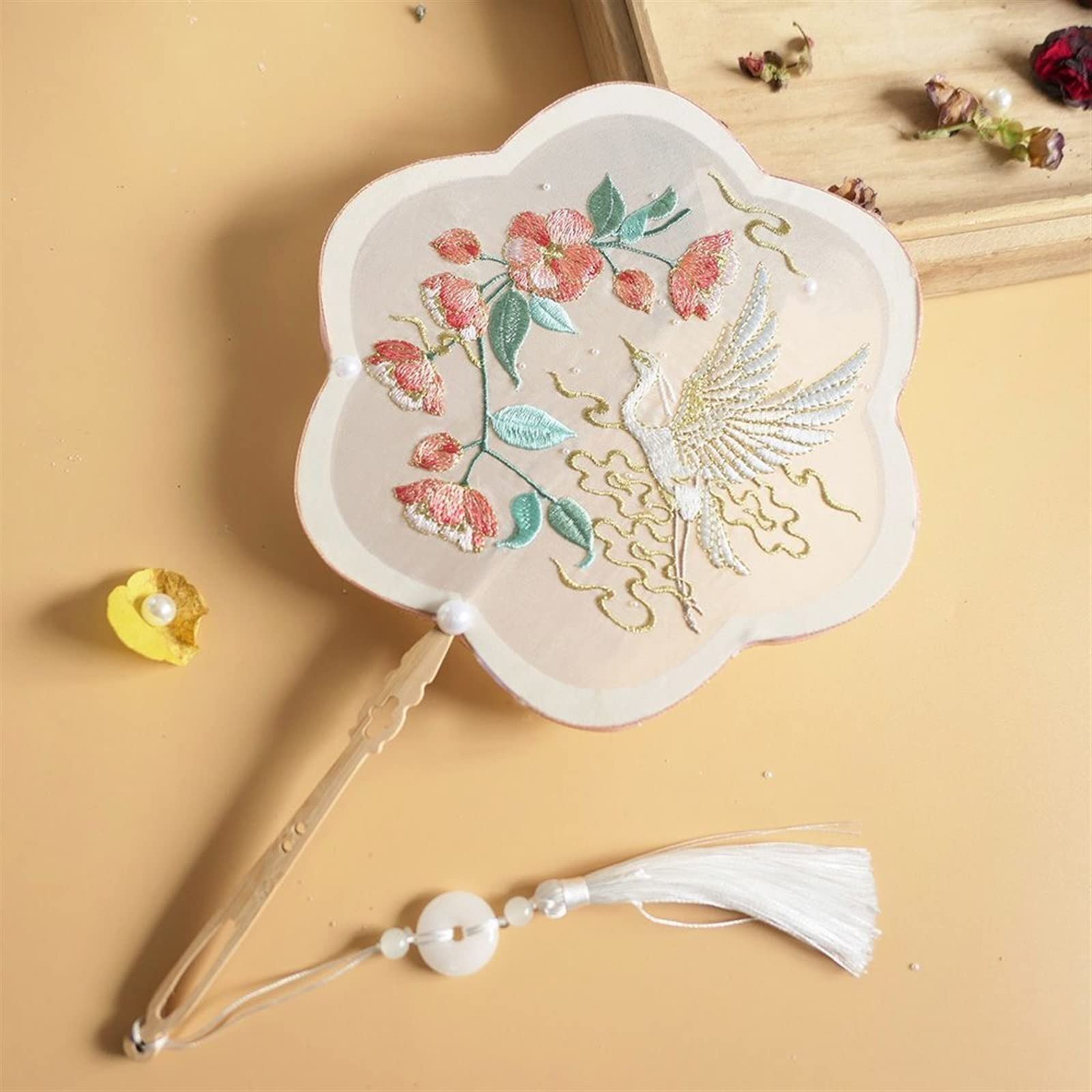 LKLNKVL folding fan, Folding Hand Fan - Chinese Style Embroidery Decoration Fans with Ancient Long Handle Tassel Clothing Cheongsam Dance Decorative(8)