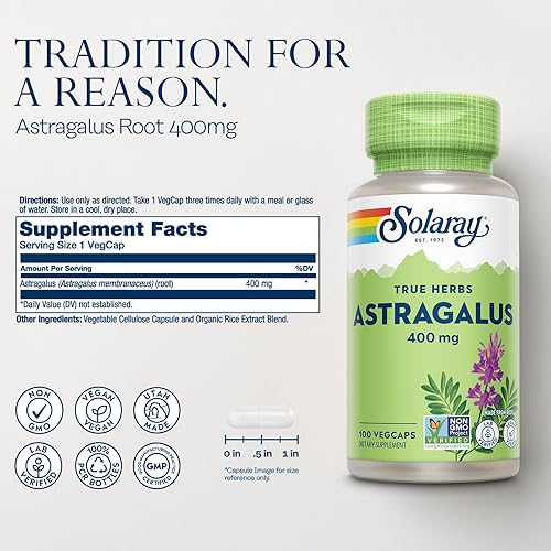 Miniatura 2 de SOLARAY Raíz de astrágalo de 400 mg  Función inmune saludable y apoyo al estrés  Hierba adaptógena  Sin OMG, vegano y verificado en laboratorio  100
