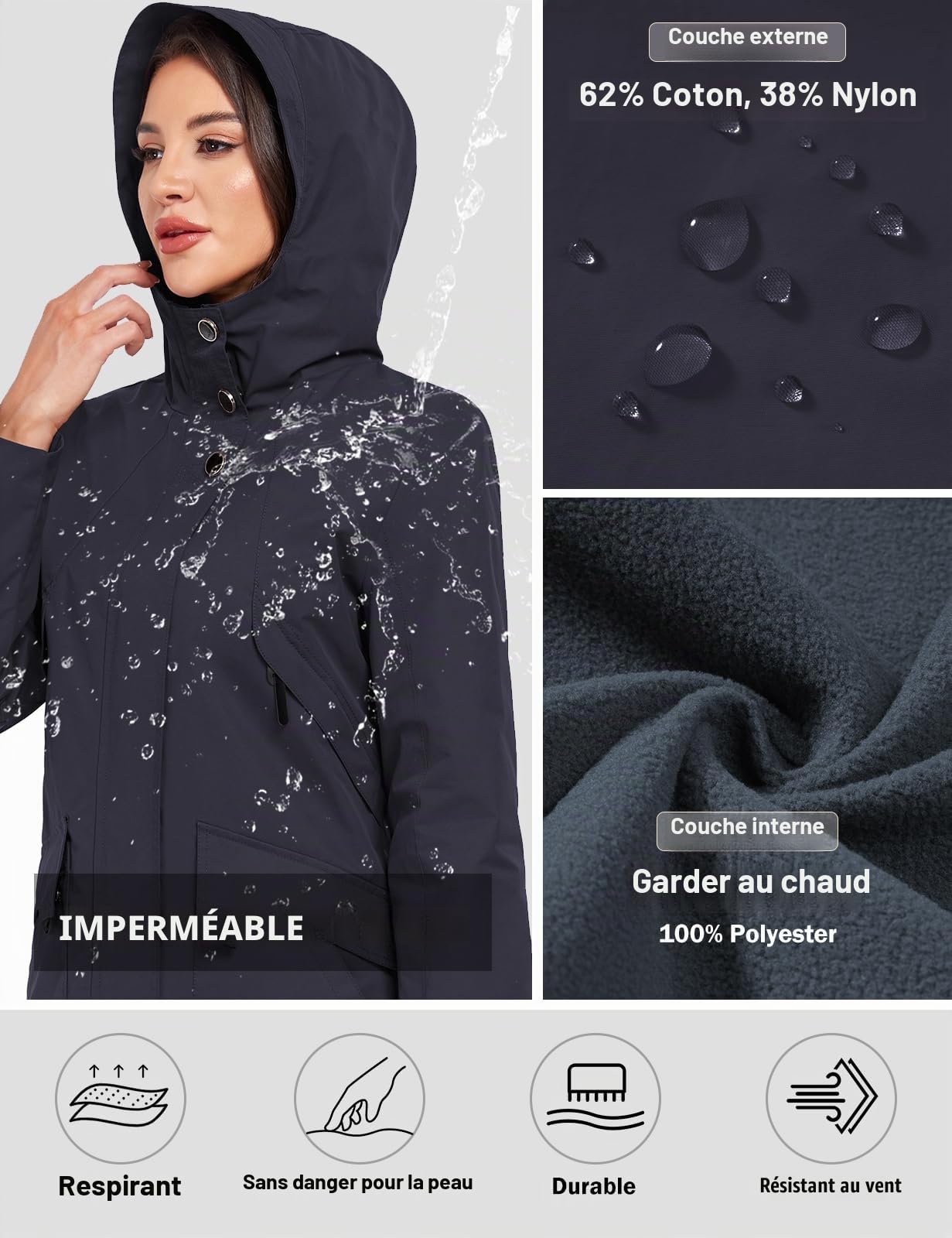 Tuopuda Veste Femme mi Saison Parka Imperméable en Polaire Blouson avec Capuche Décontracté Manteau Long à Fermeture éclair Manteau Printemps Automne