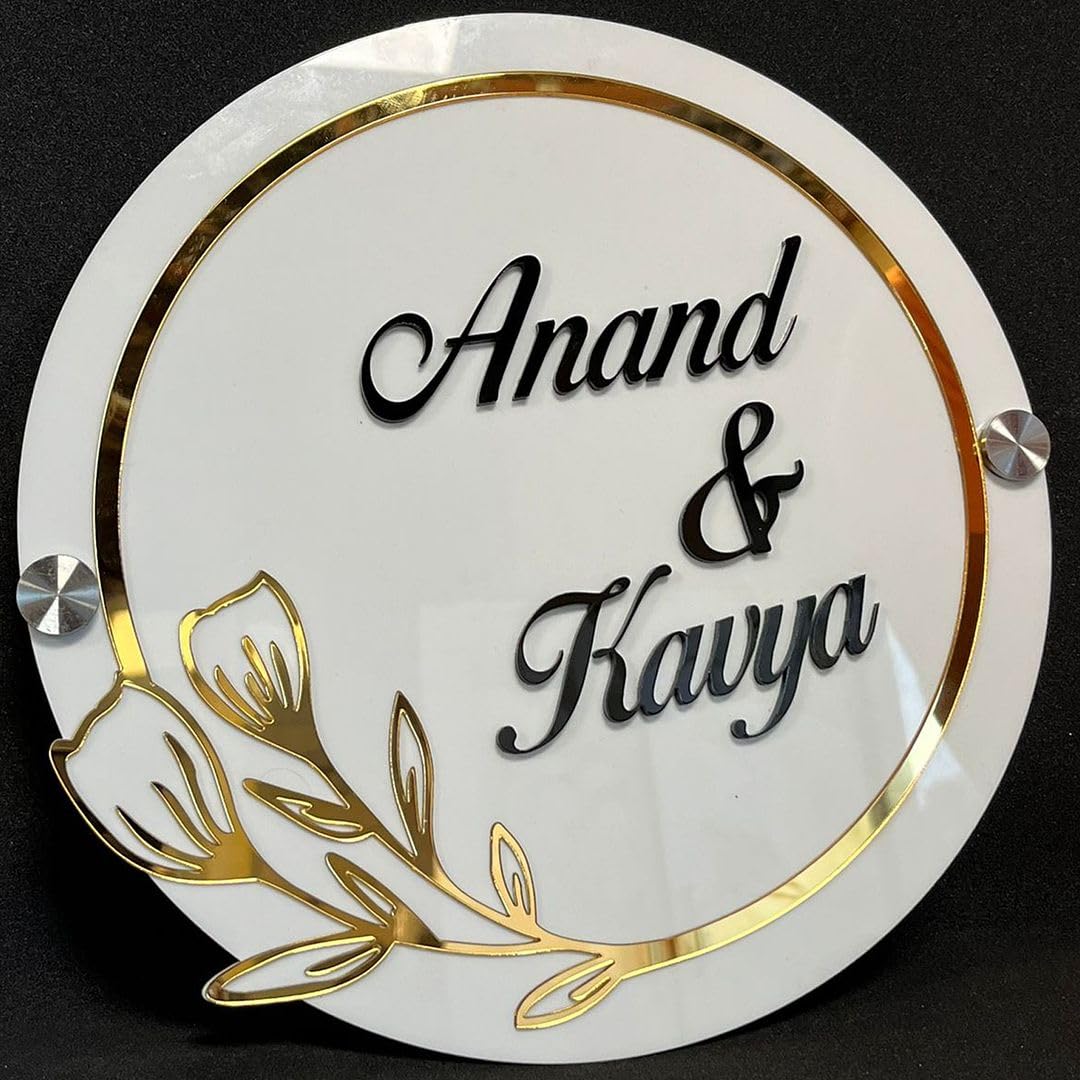 CHELNA Customized Acrylic Floral Pattern with Ring Laser Cut Nameplate with Stainless Studs for Door Entrance (White) (12inchX12inch)