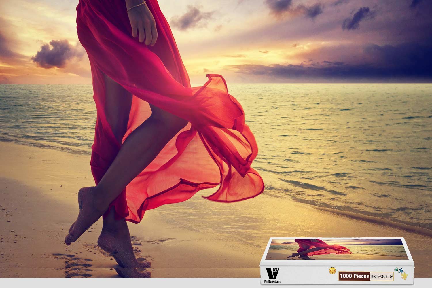 PigBangbang,29.5 X 19.6 Inch,Intellectiv Games Wooden Jigsaw Puzzle with Glue in Box Gift Wrapping- Red Beach Feet Dress Sunshine - 1000 Piece