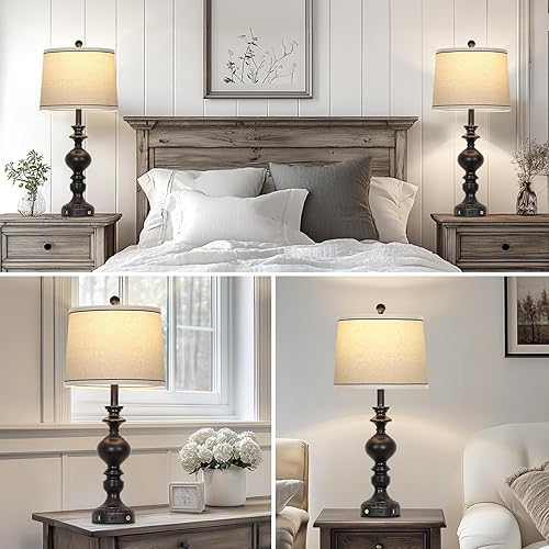 Miniatura 7 de Juego de 2 lámparas de mesa negras de 28 pulgadas, lámpara rústica para sala de estar con puertos USB C+A y salida de CA, lámparas de noche de