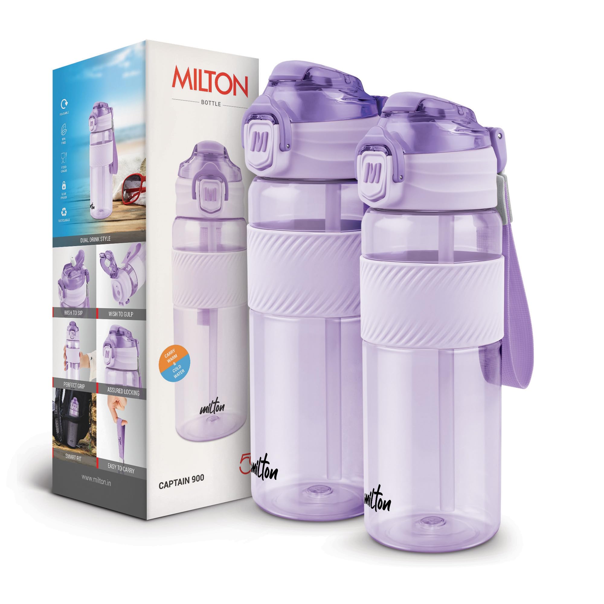 Milton Captain Unbreakable Plastic Water Bottle 850ml Sip Plus Gulp,BPA-Free & Leak-Proof with Hand Strap,Ideal for Gym Workouts,Outdoor Adventures,School & Office Durable & Convenient,set of 2,Purple