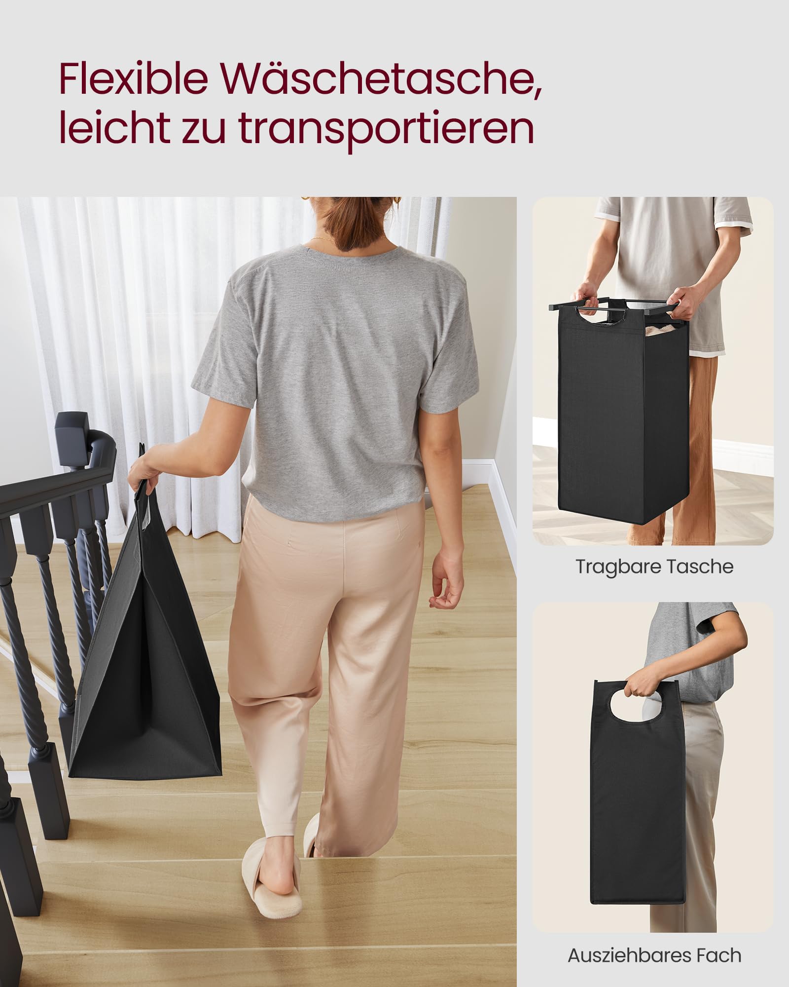 VASAGLE Wäschekorb 3 Fächer, Wäschesammler mit Ablage, Wäschebox, Wäschesack aus Oxford-Gewebe abnehmbar, Metallrahmen, 3 x 40 L, 92,5 x 33 x 72 cm, tintenschwarz-vintagebraun BLH301B01