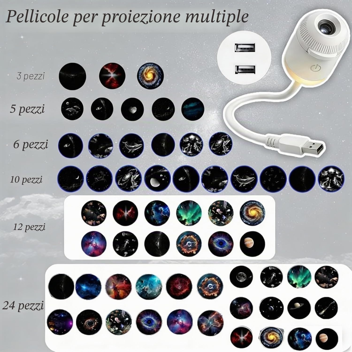 Proiettore Cielo Stellato USB,Proiettore Cielo Stellato e Luce Notturna 2 in 1, Lampada Galattica a LED orientabile a 360°, con filtri HD,Adjustable Brightness for Car and Bedroom Decoration (10pcs)