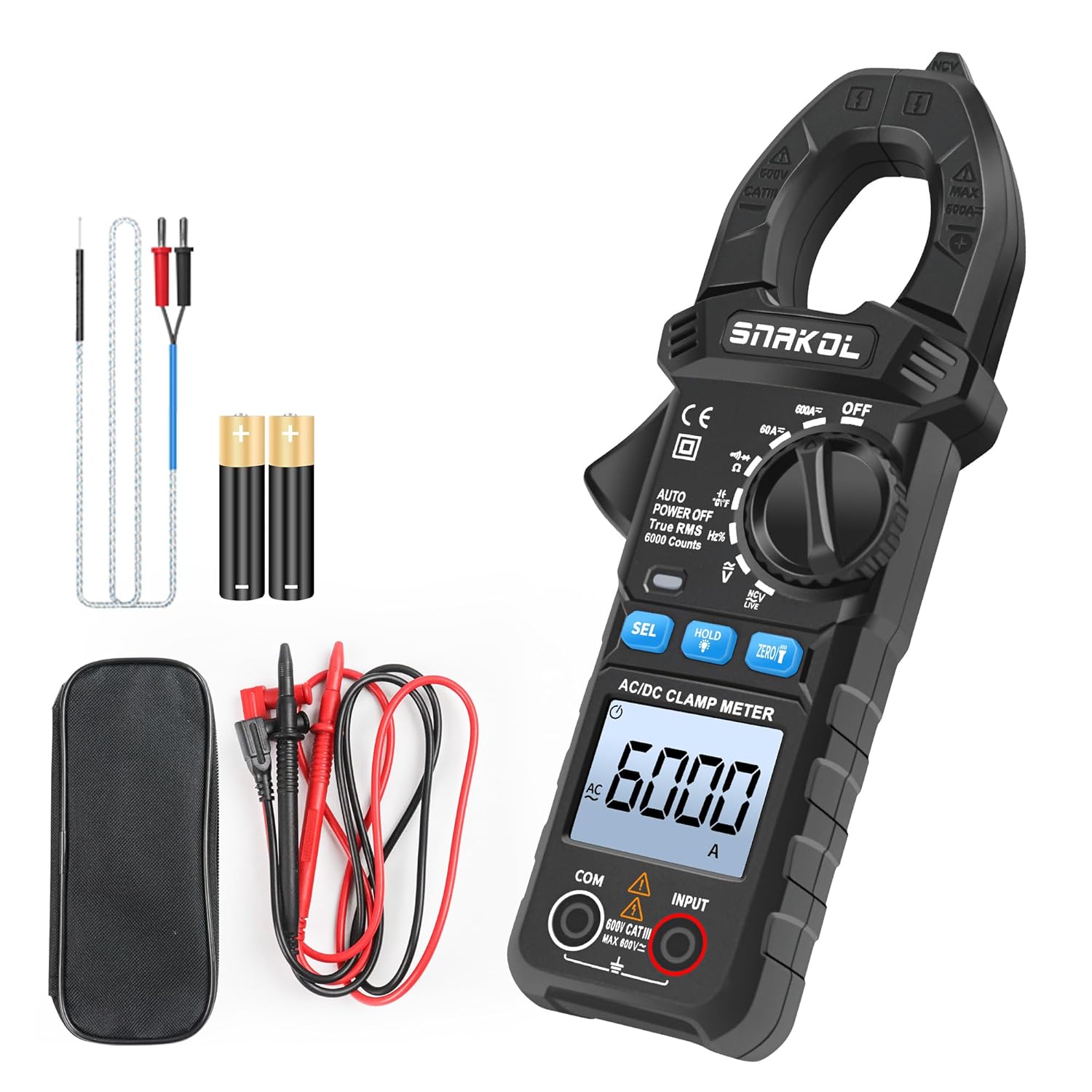 Digital Amp Clamp Meter 6000 Counts Multimeter Tester with 35mm Jaws for AC/DC Current and Voltage Meter, Resistance, Diode Capacitance, Continuity, Frequency, Thermocouple, NCV, Auto-Ranging