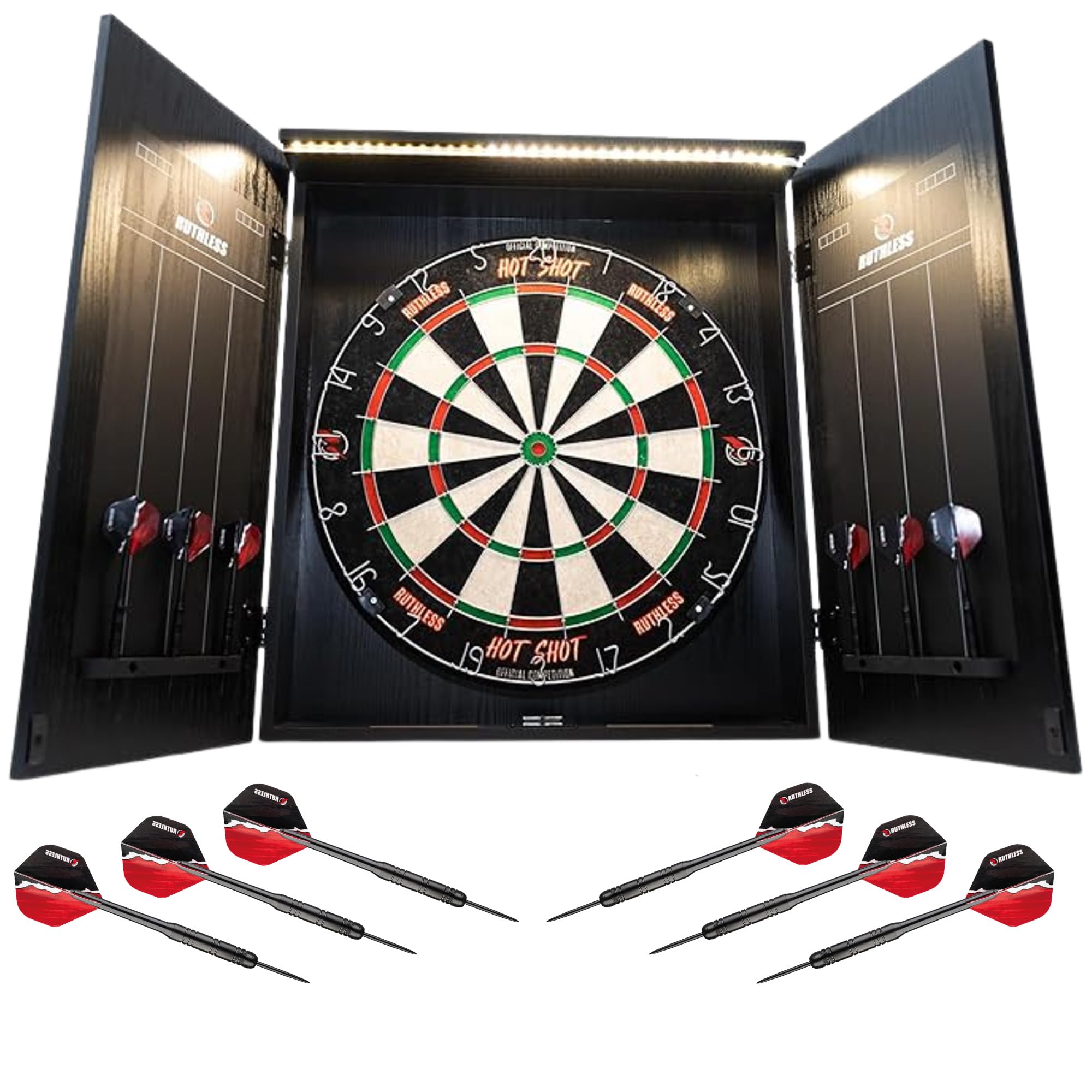 Ruthless Home Darts Centre | Complete Home Dart Board Centre Including Cabinet, Dartboard and 2 Sets of Darts (Eagle + Light)