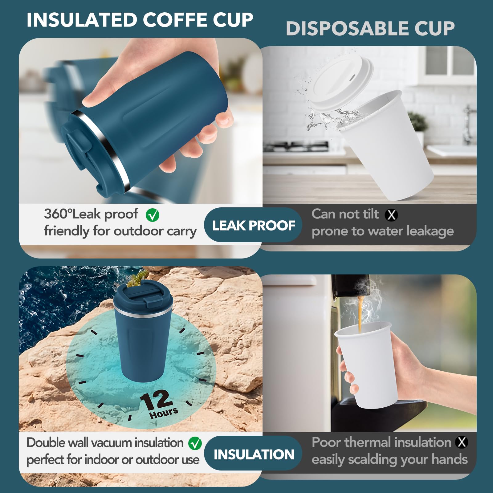 Volhoply 340ml 12oz Double Wall Insulated Vacuum Travel Coffee Mugs with Flip Lid Bulk 2 Pack,Reusable Stainless Steel Leak Proof Coffee Cup,Cafe Thermal Tumbler for Hot & Cold Drinks(Bule,2 Set) - Image 3