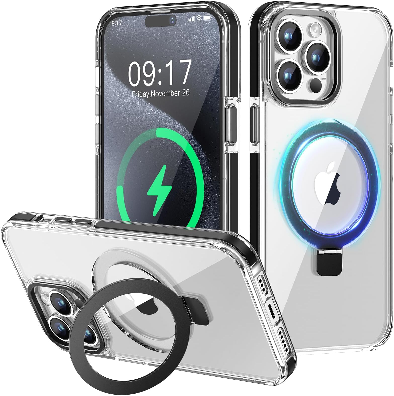 Magnetic Clear Case for iPhone 15 Pro Max with Stand [Invisible Durable Ring] [Compatible with MagSafe] [Military-Grade Fall Protection] Non-Yellowing Color Frame Phone Case 6.7", Black