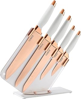 Damascus Effect Kitchen Knife Set with Stainless Steel Blades and Acrylic Stand, Rose Gold/White, 5 Piece