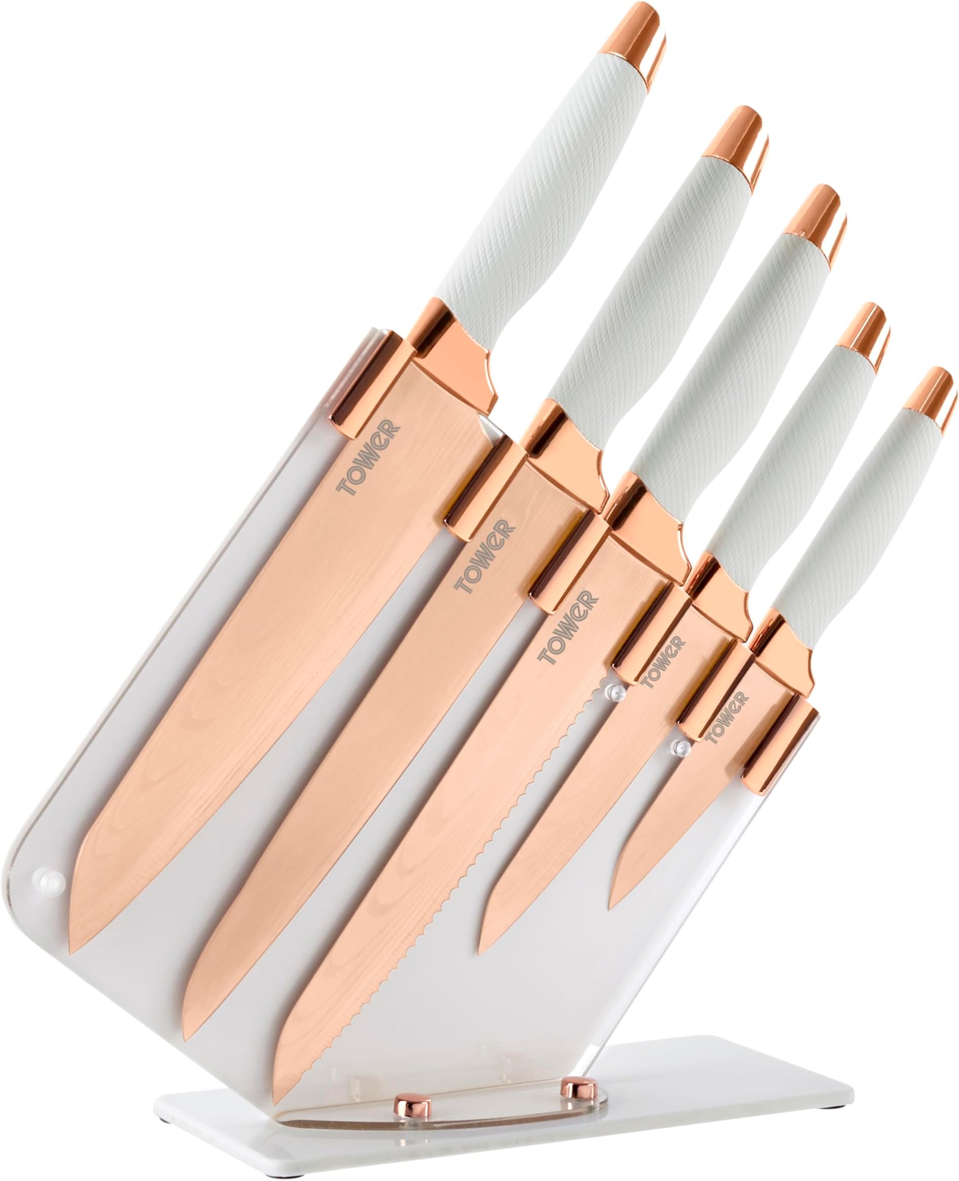 Tower T81532RW Damascus Effect Kitchen Knife Set with Stainless Steel Blades and Acrylic Stand, Rose Gold/White, 5 Piece