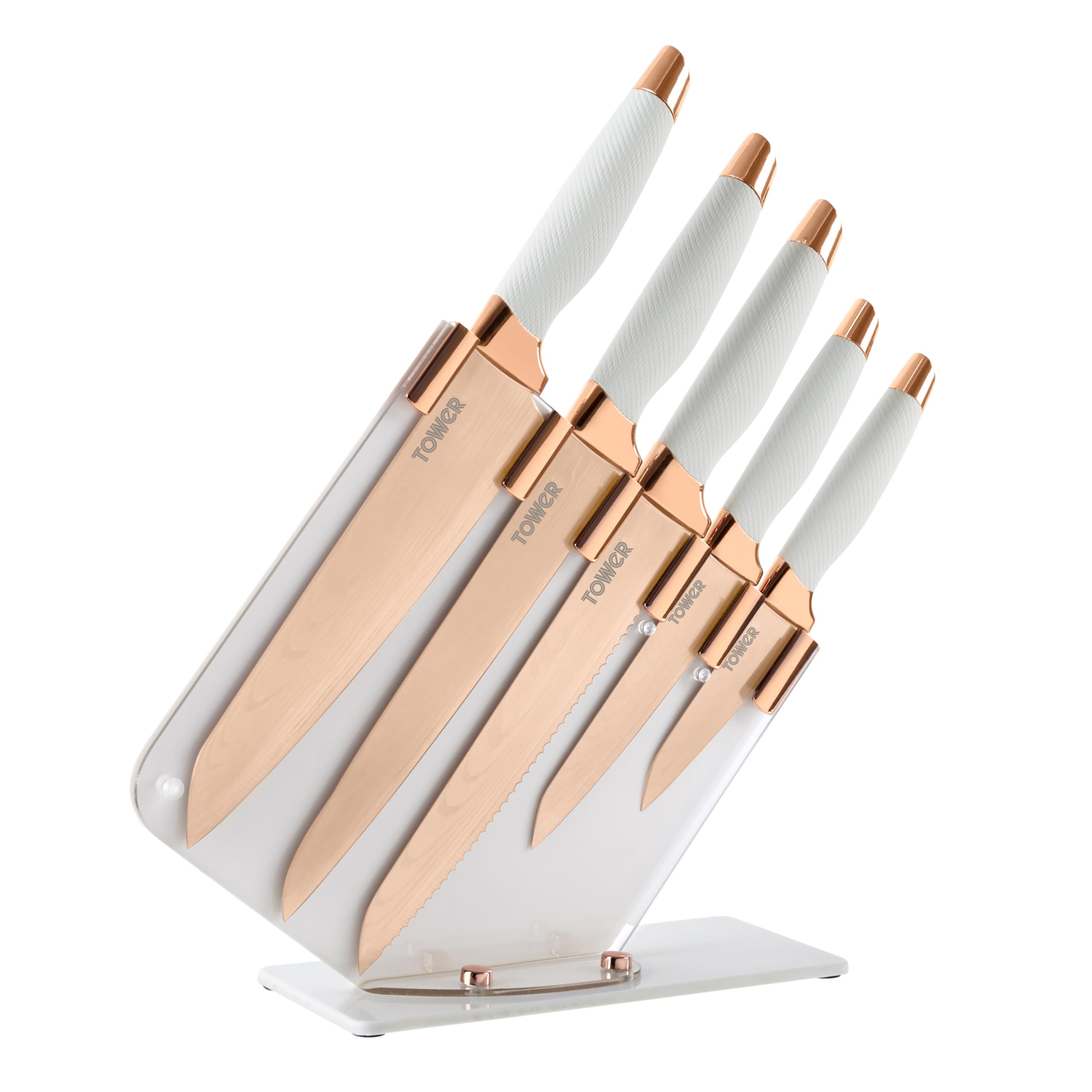 Damascus Effect Kitchen Knife Set with Stainless Steel Blades and Acrylic Stand, Rose Gold/White, 5 Piece
