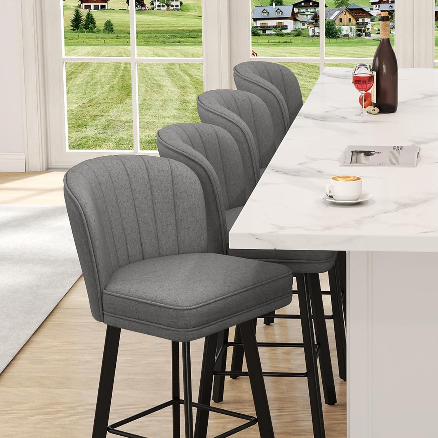 SAECKBERG Swivel Counter Height Bar Stools Set of 2, 26'' Modern Barstools with Backs and Metal Legs, Upholstered Bar Chairs,Mid-Gray,Fabric Stools for Kitchen Island Chairs