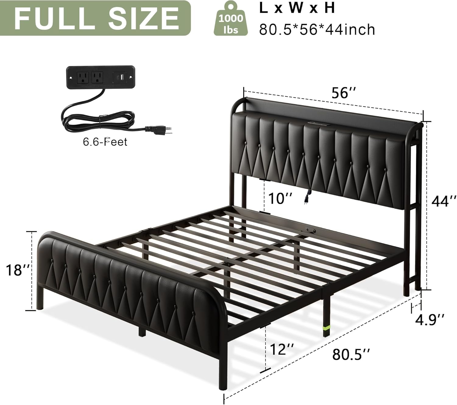 Diagram showing the dimensions of the Feonase Full Size Bed Frame: 80.5 inches L x 56 inches W x 44 inches H, with 12 inches of underbed storage and a 6.6-foot power cord for the charging station.