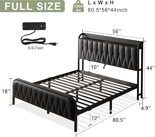 Miniatura 2 de Base de cama de cuero tamaño matrimonial con estación de carga rápida, camas de plataforma de metal con cabecera y estribo tapizados, espacio de