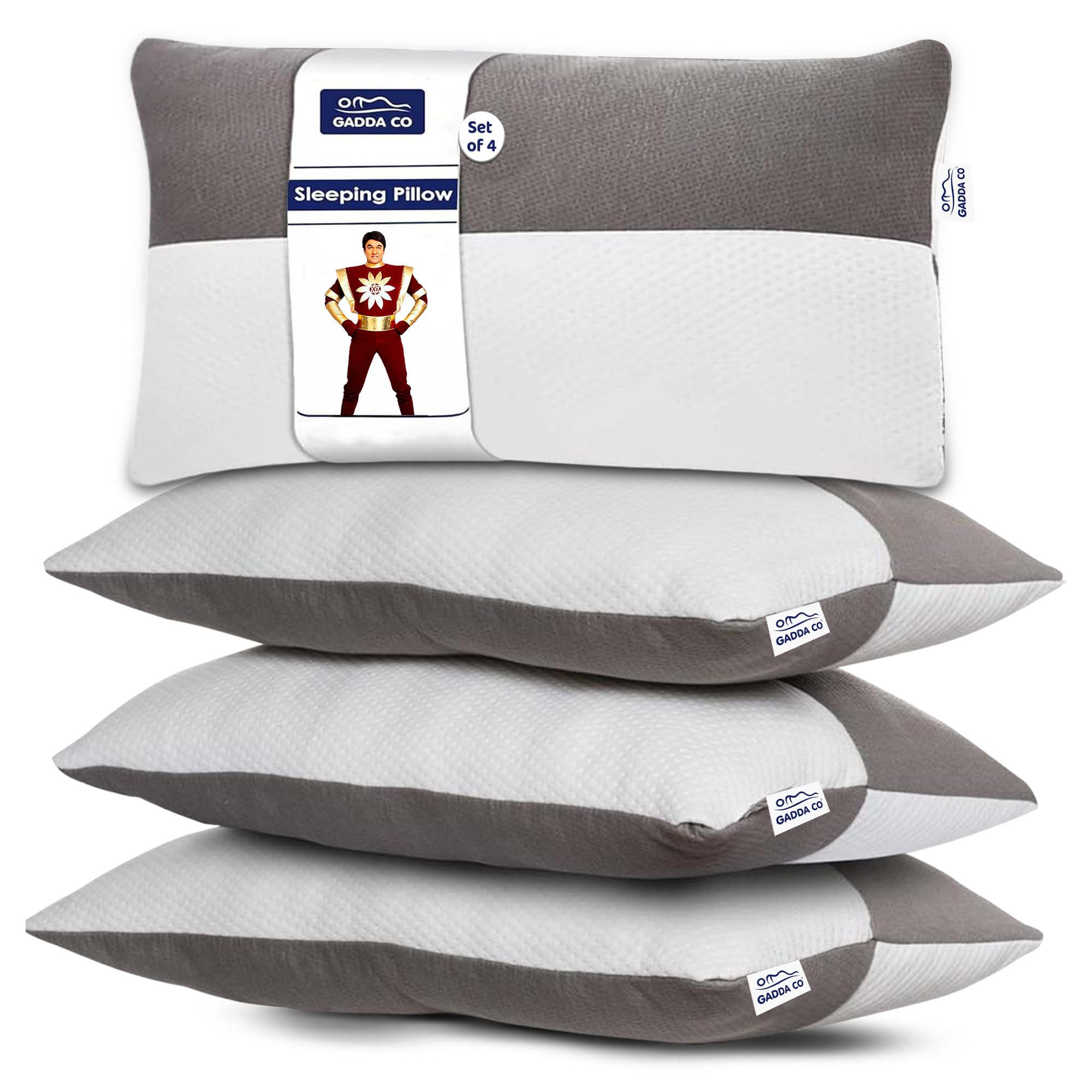 GADDA CO Hollow Fiber King Size Sleeping Pillows, Set of 4 -Soft & Fluffy, Height Adjustable, Microfiber Fill, Hotel-Like Comfort, Cloud-Like Sleep, Neck & Shoulder Support, 36 x 20 Inch, White & Grey