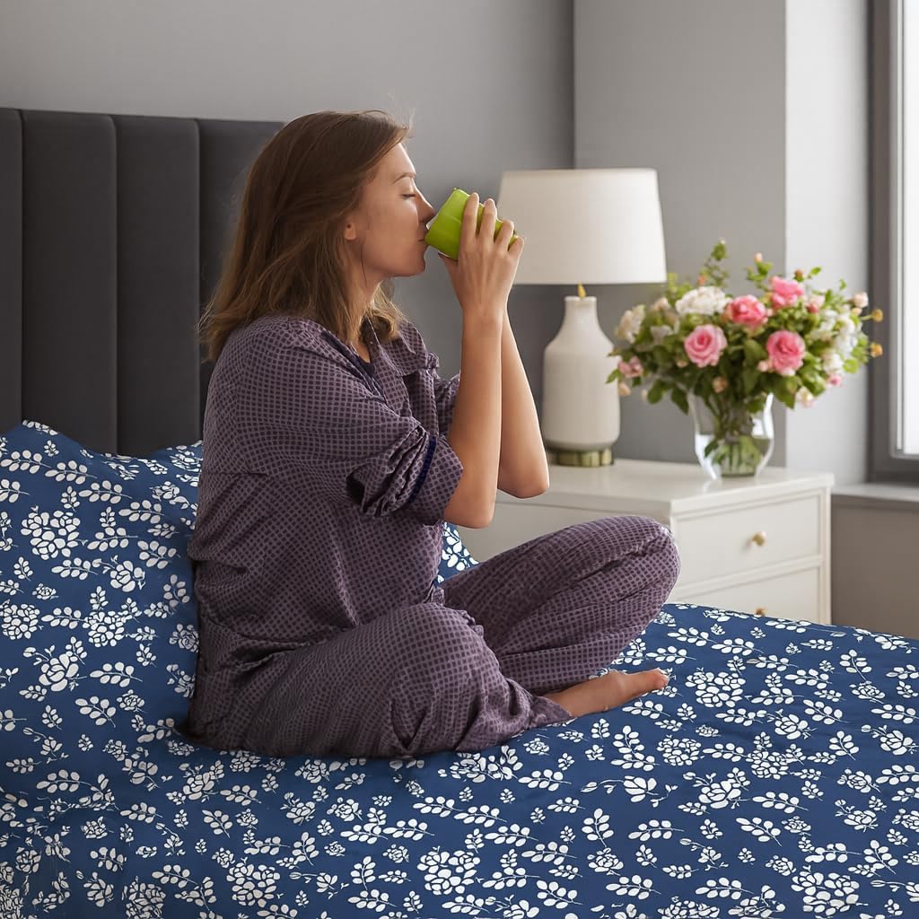 LUX Décor Floral Twin Sheet Set - 3 Piece Ultra-Soft Microfiber Bed Sheets with Flat Sheet, 16 Inches Deep Pocket Fitted Sheet & Pillowcases, Breathable, Bedroom Decor, Oeko-TEX - Navy Blue - Image 6