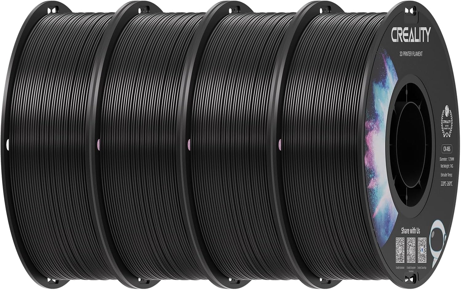 Creality ABS Filament 1,75 mm, 4 kg 3D-Drucker filament Bundle, Maßgenauigkeit ±0,03 mm, Hervorragende Beständigkeit, geruchlos & ungiftig, Stabil & Zäh, 4 Spulen - 1 kg (4×Schwarz)
