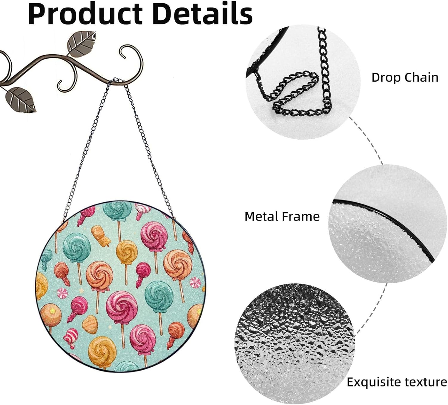 Candy and Lollipops Stained Glass Suncatcher for Window Hanging Sun Catcher Ornament for Women Men Suncatcher for Home Decor, 10in（25cm） Round Glass Ornament for Mother's Day Birthday Gift