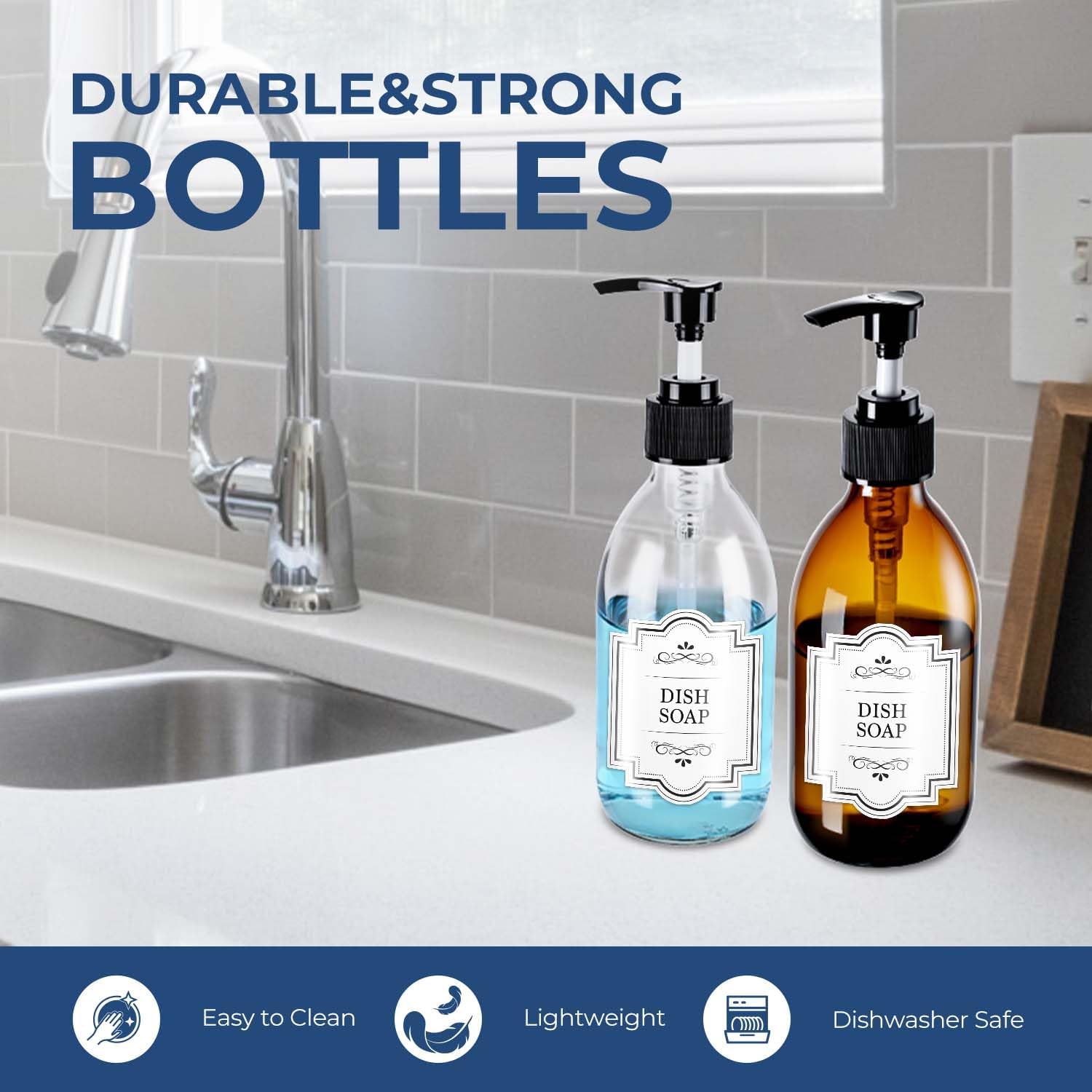 8 oz Glass Pump Bottle, 250ml Small Lotion Dispenser Bottle for Body Massage Oil, Refillable Empty Hand and Dish Soap Dispensers Set with Storage Caps, Labels - Amber & Clear, 2 Pack - Image 7