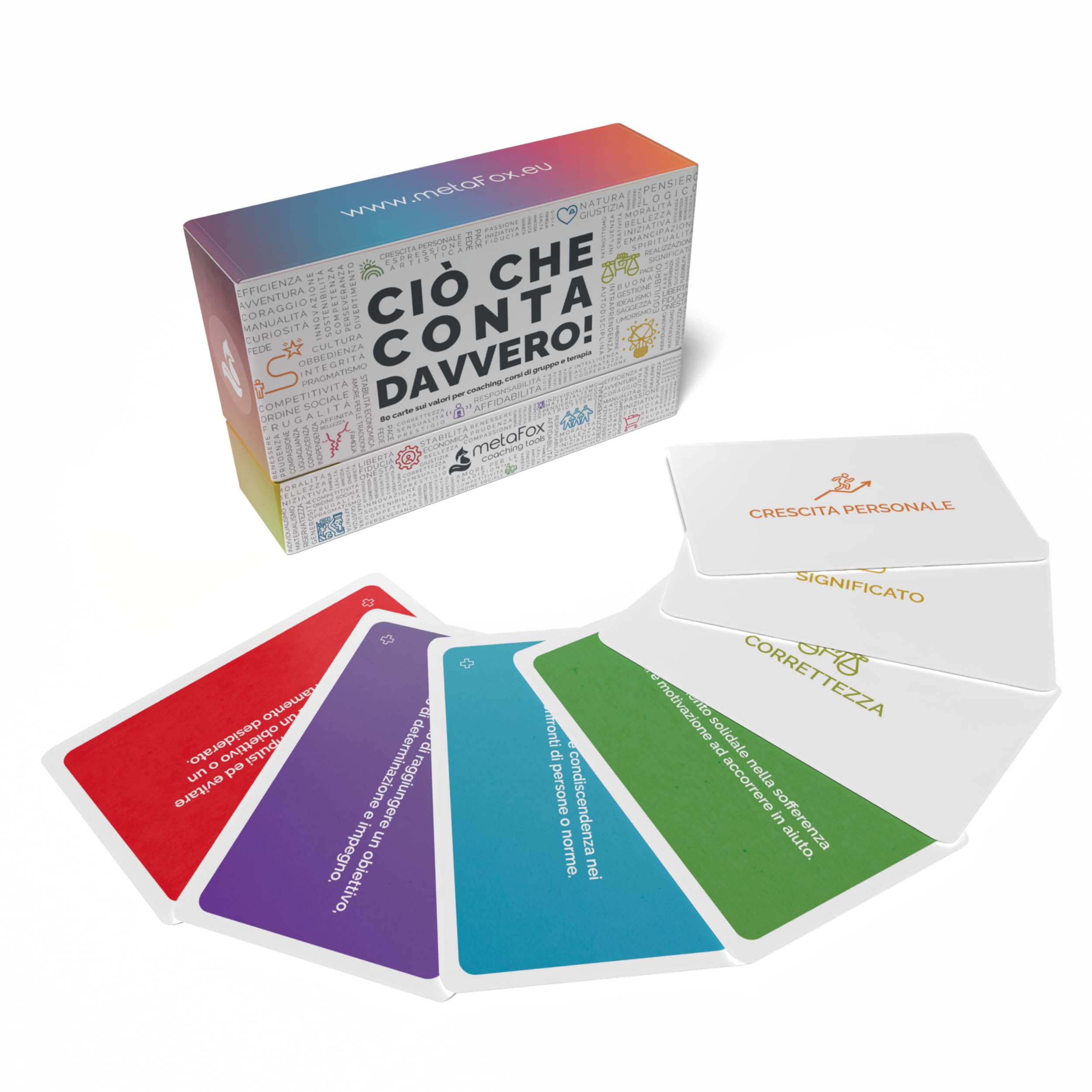 “Ciò Che Conta Davvero!” Carte di metaFox Sui valori – 80 Carte da Coaching per laboratori, terapia, Auto-riflessione e Leadership, Con supporto al dialogo, Team Building e affermazioni