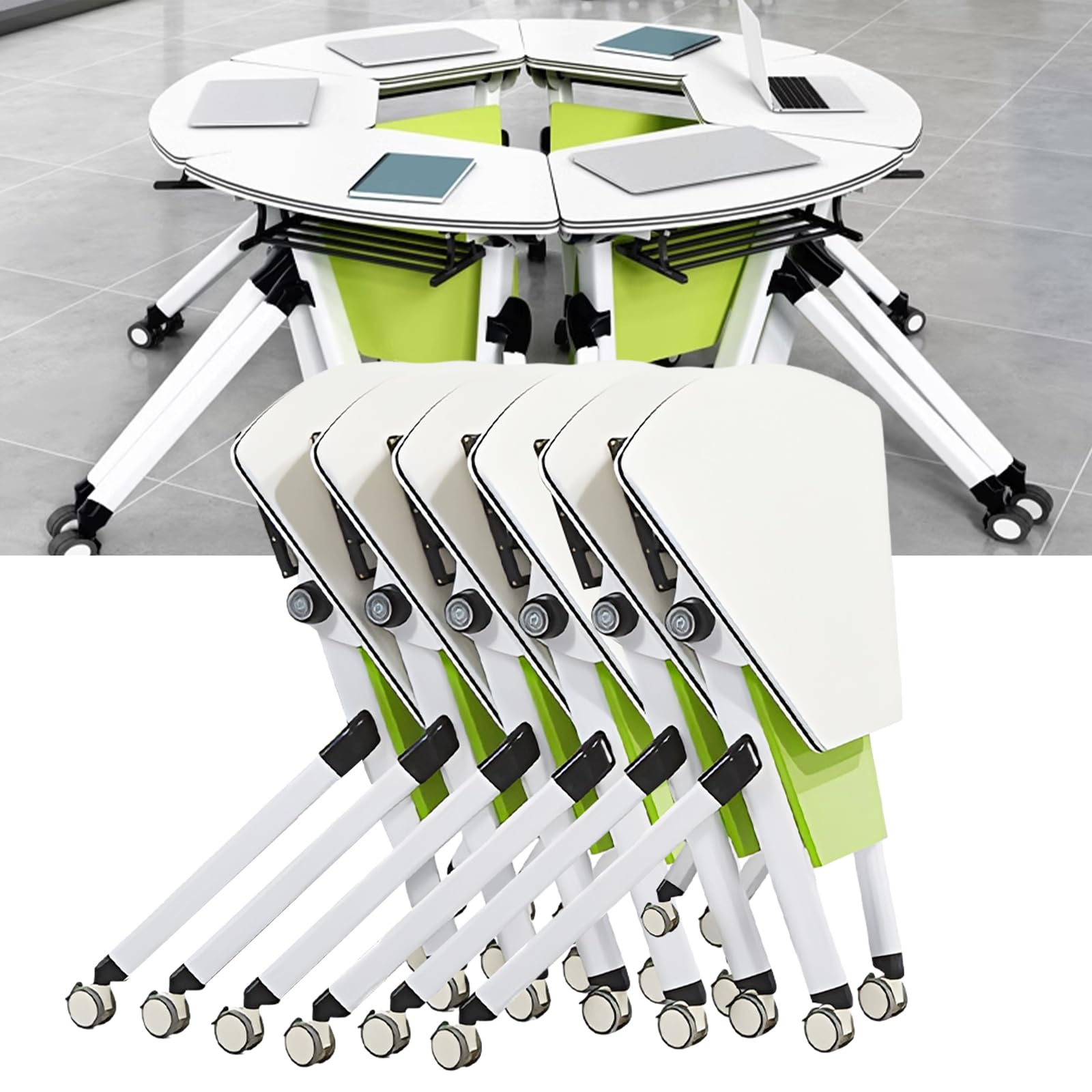 robwibw Folding Conference Room Table 6PCS Sector Flip Top Mobile Training Table with Wheels, Folding Meeting Table Seminar Table for Office