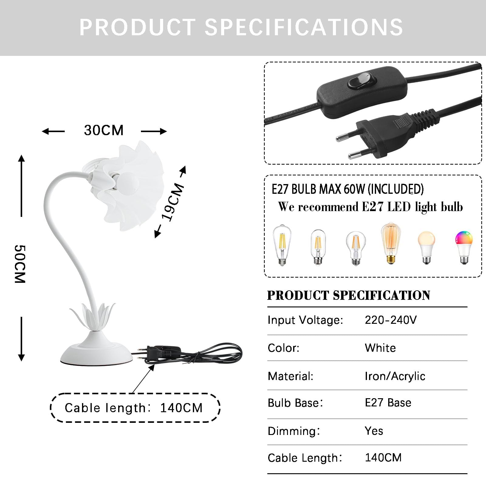 Biała lampa nocna, akrylowa lampa stołowa z kwiatami, metalowa lampka biurkowa dla dziewczynek, abażur z akrylu, wolno obrotowa lampa do sypialni, salonu, z trójkolorowym oświetleniem, 50 cm