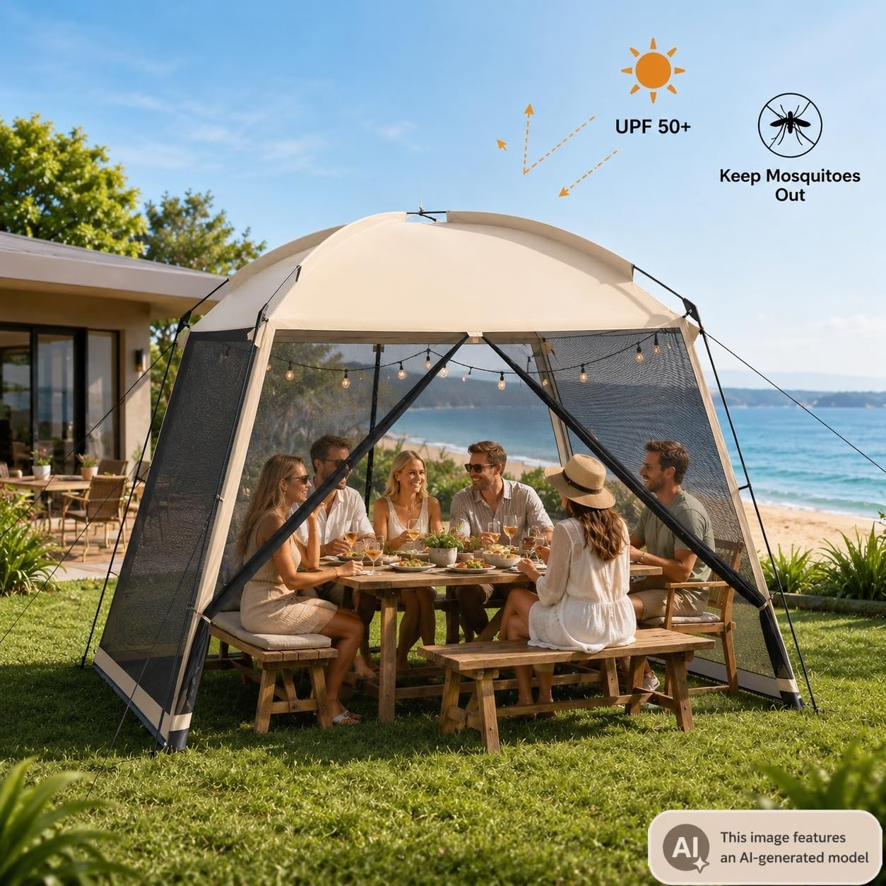 Gazebo da Campeggio con Zanzariera, Ampio Riparo da Esterno con Tetto Completo, Ventilazione a Rete 360°, Montaggio Rapido, Gazebo Anti-Insetti per Campeggio, Giardino, Barbecue e Picnic