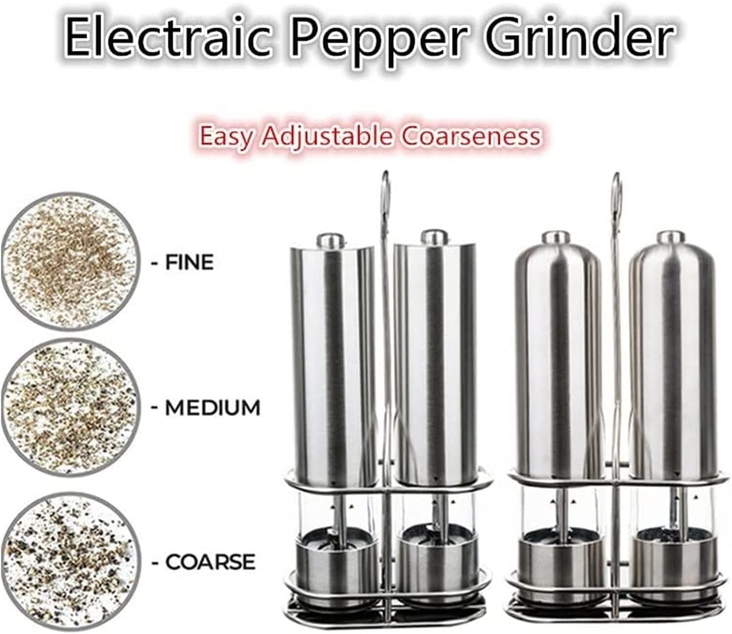 Salt & Pepper Grinders Electric Gravity Pepper Grinder Peppercorn Shakers Set with & Adjustable Coarseness & One Hand Automatic Operation & Refillable & LED Light