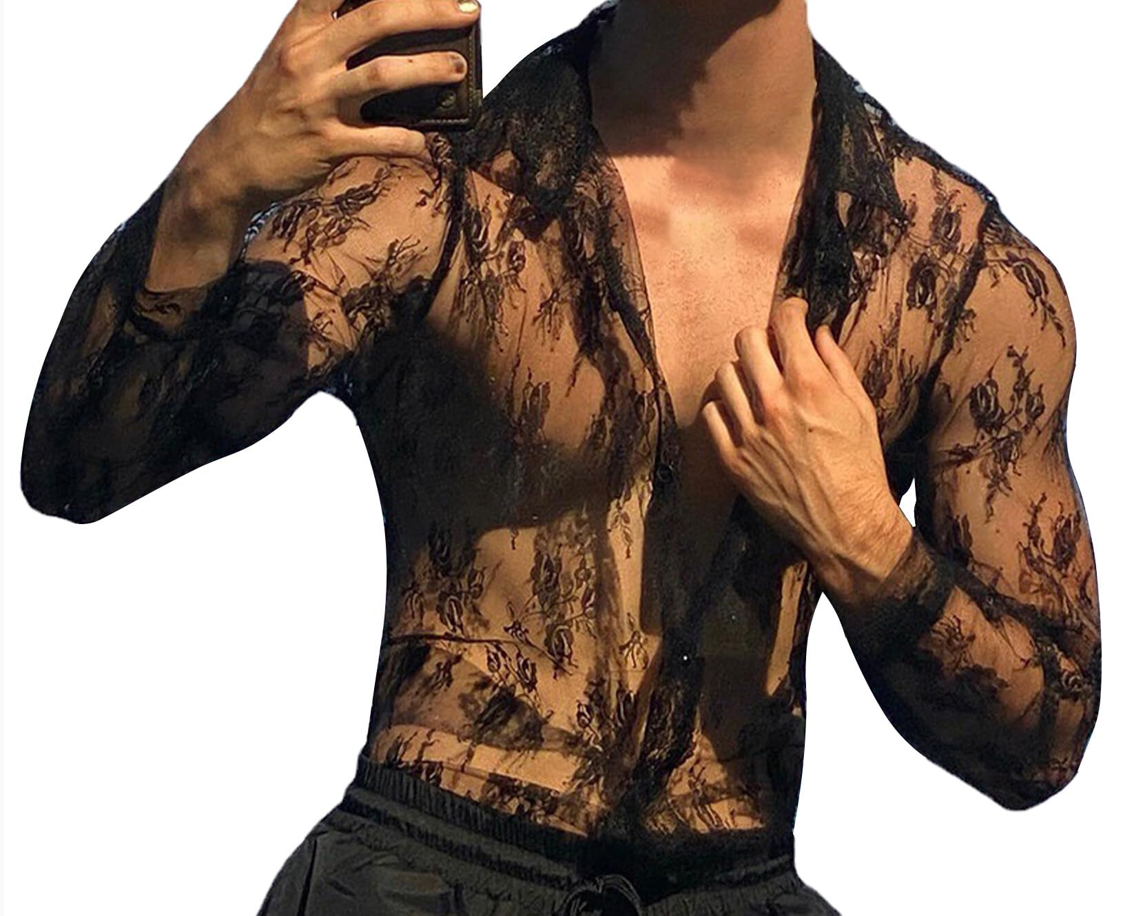 AIEOE Hauts Transparent pour Hommes T-Shirt à Manches Longues en Maille Creusée Chemise Sexy Clubwear