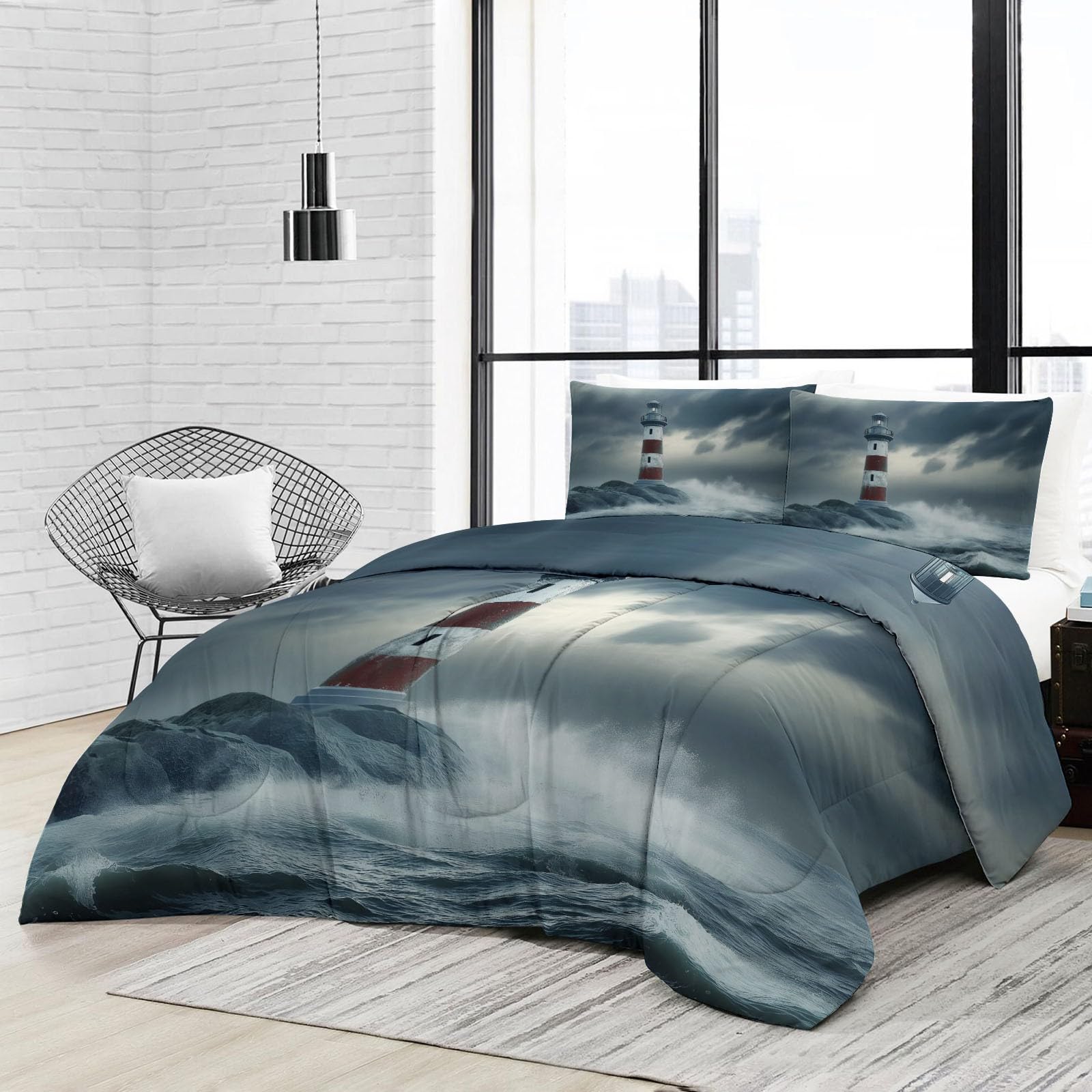 Natürliche Wellen Leuchtturm Ganzjahresdecke, 4 Jahreszeiten Waschbare Bettdecke Ohne Bezug, Wendbare Tagesdecke aus Mikrofaser, beidseitig verwendbar, 135x200 cm, Graublau