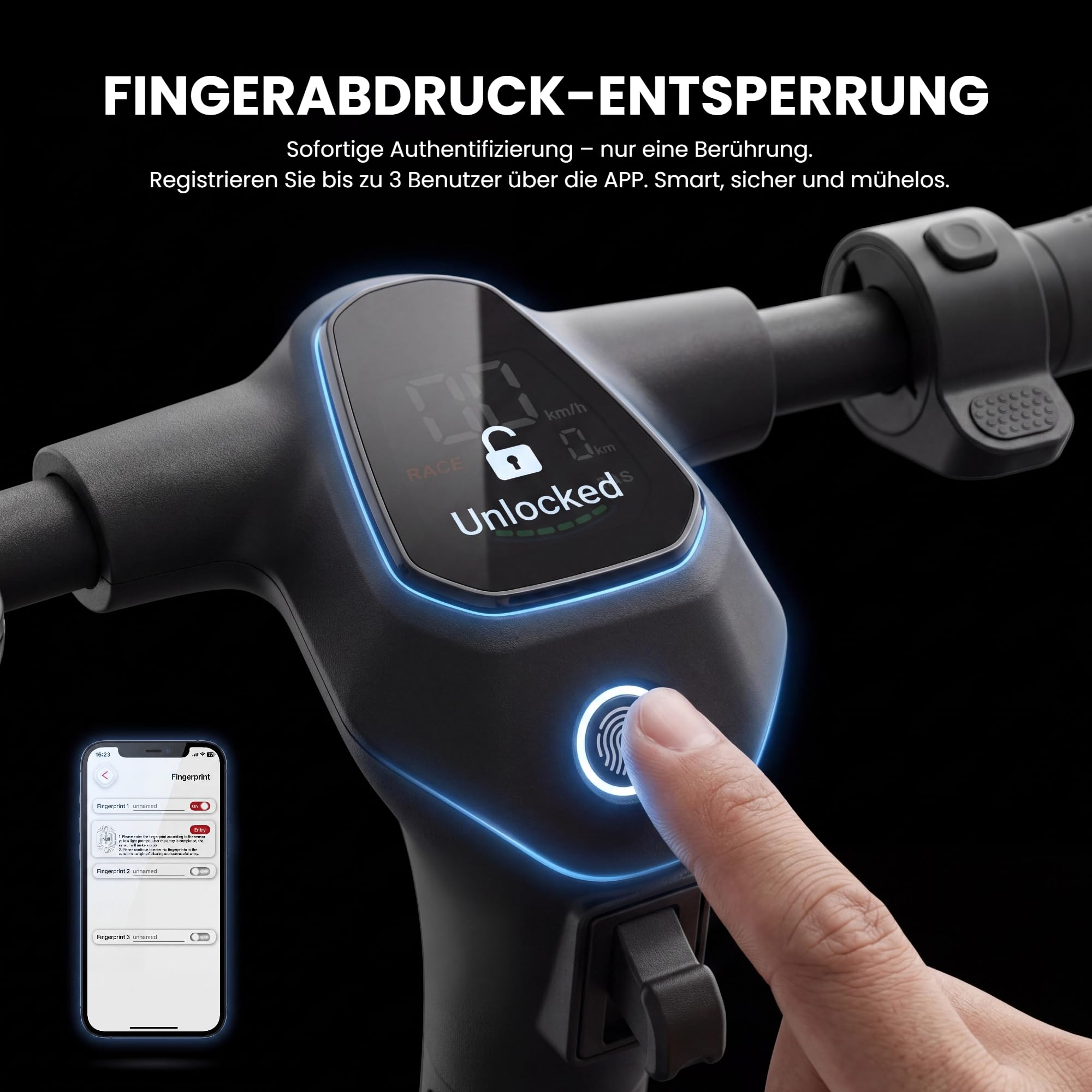 LAELIN RS-Serie E-Scooter mit Straßenzulassung und Fingerprint Sensor (20 km/h, bis zu 85km Reichweite, 45% Steigung, Schlauchlos, Dual-Bremsen, Display, App, TCS)