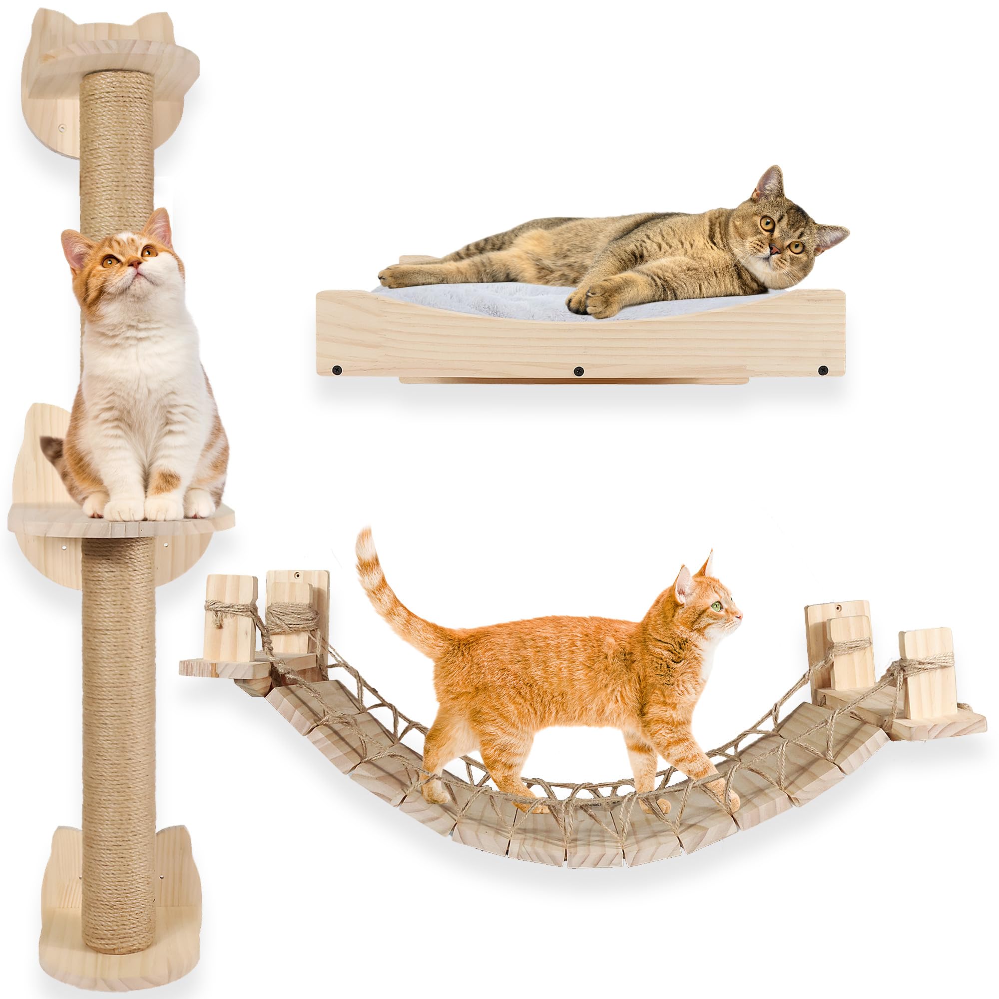 Cat Wall Shelves with Plush Perch - Easy Install - Cat Shelves for Wall Large Cats Set 3 in 1 - Perfect Furniture for cat Wall Climber - Includes Bed, Gym & Bridge